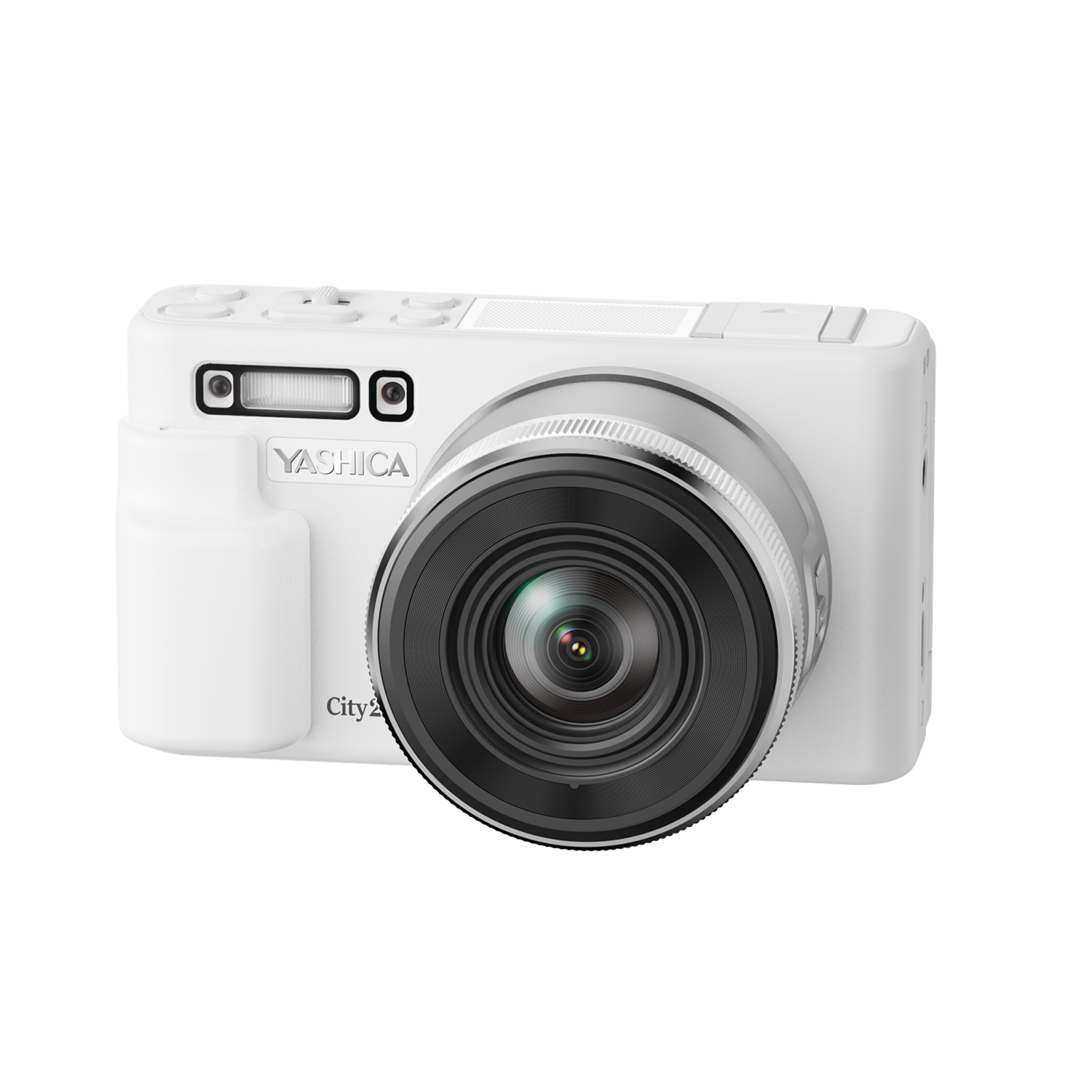White Yashica City 2 camera. It has a black lens and a flash.
