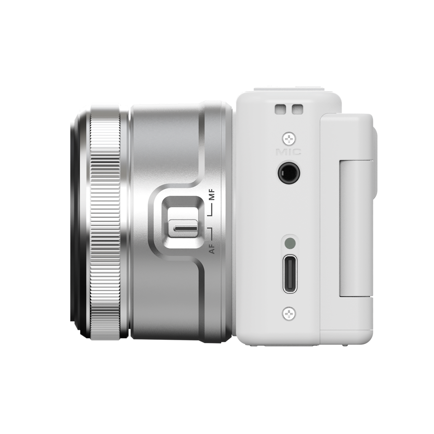 Side view of a white and silver digital camera with a lens attached.