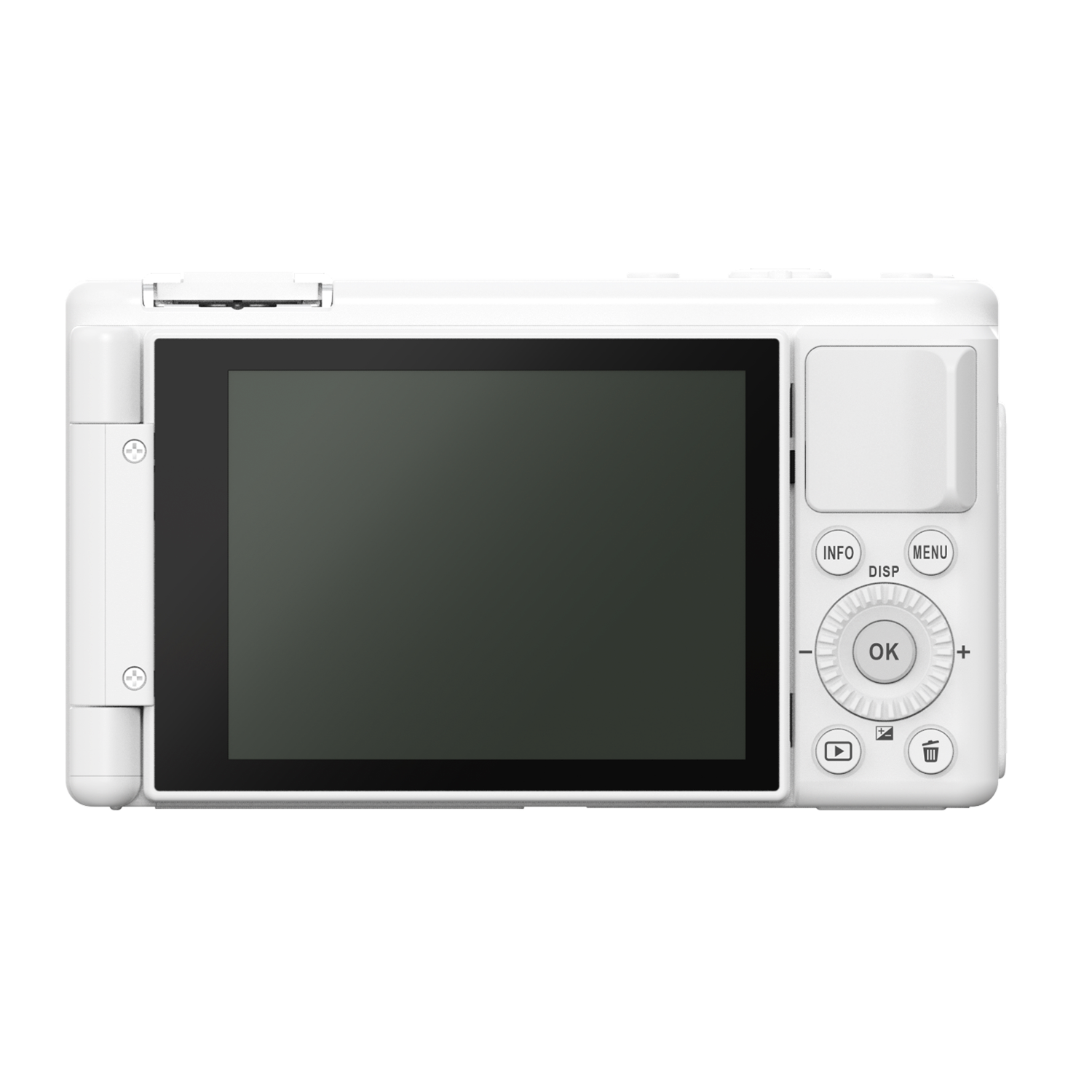 White digital camera back with display, buttons, and dial.