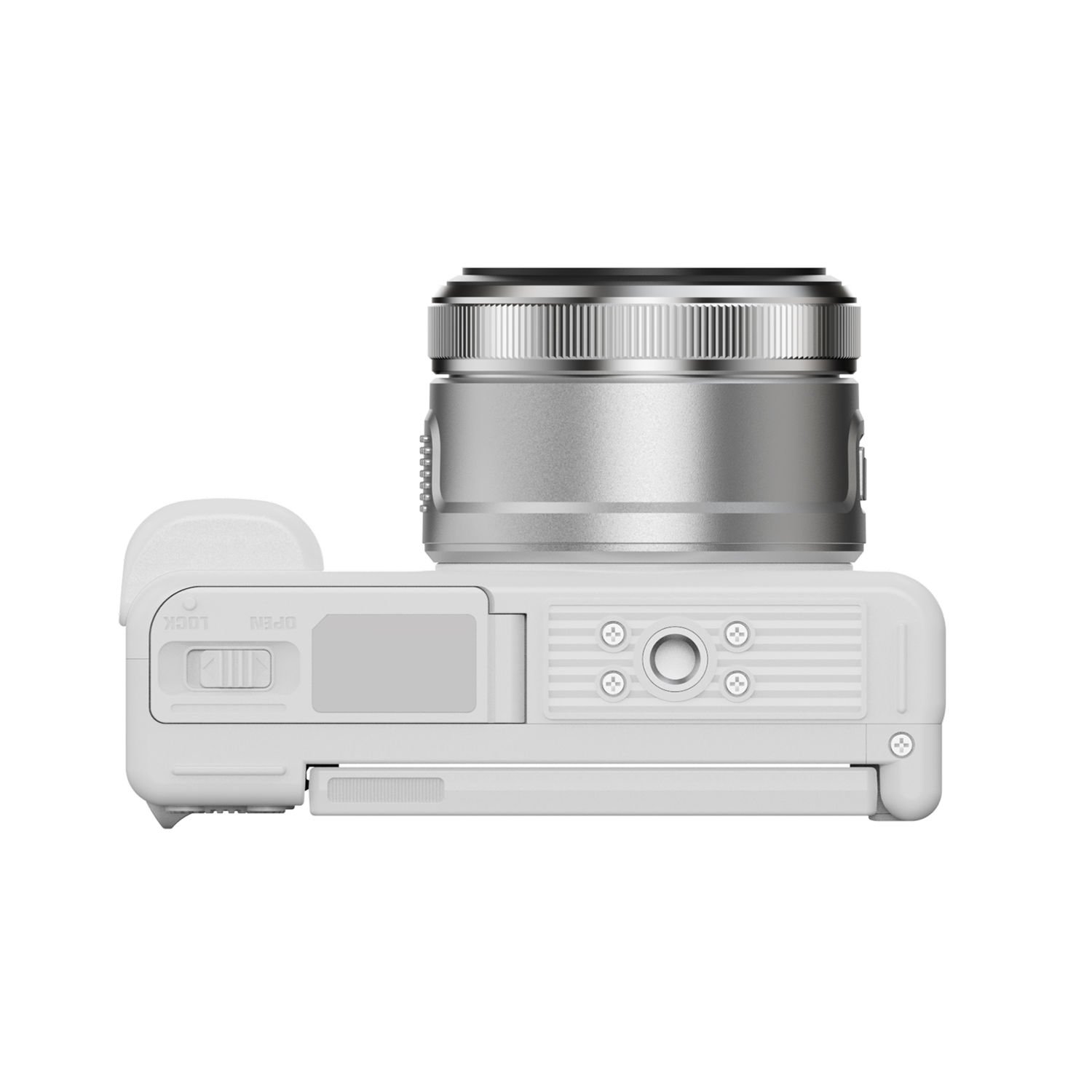 White camera, top view. Silver lens, open compartment on the left.  Buttons visible.