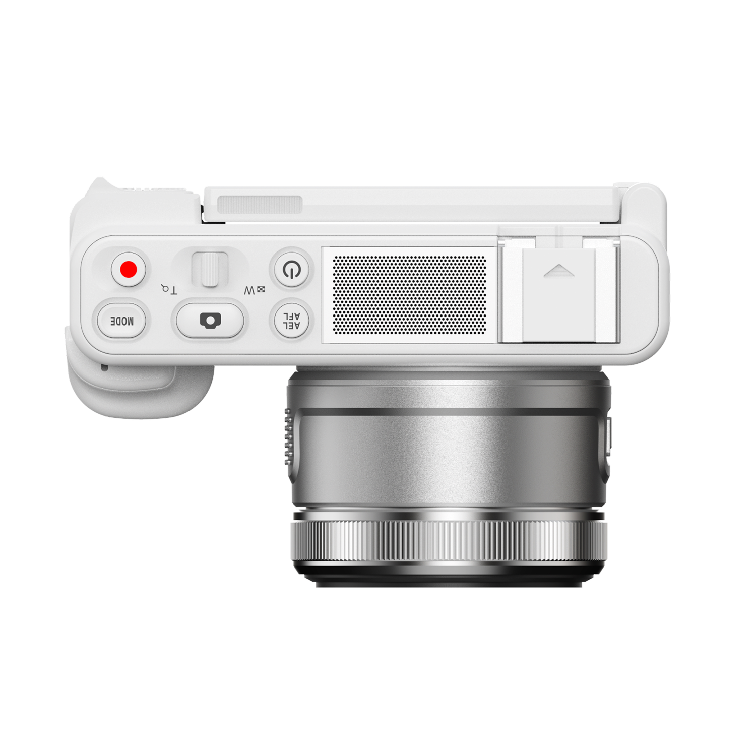 Top view of a white camera with a silver lens. The camera is on a white background.