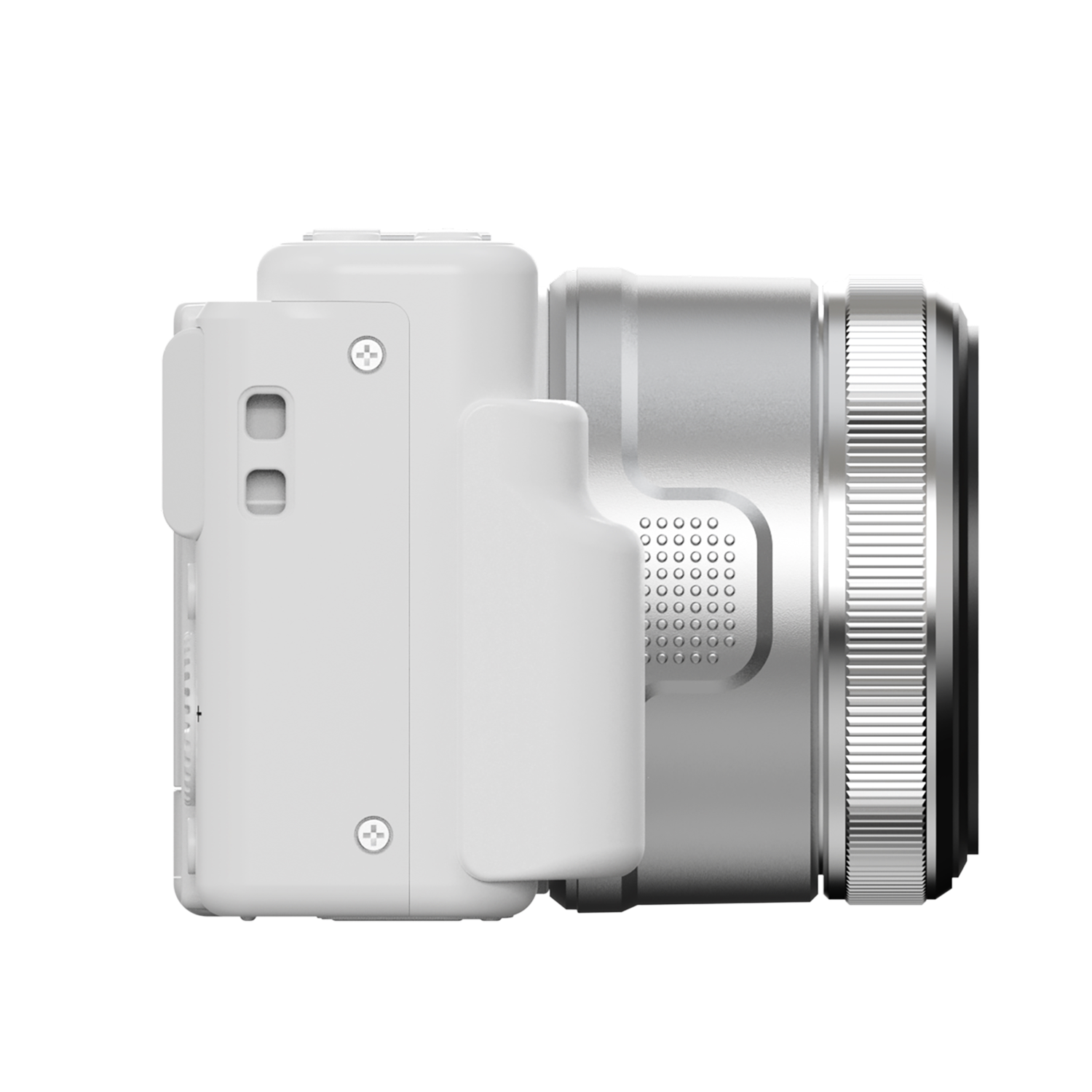 White camera, side view, lens on the right. White background.
