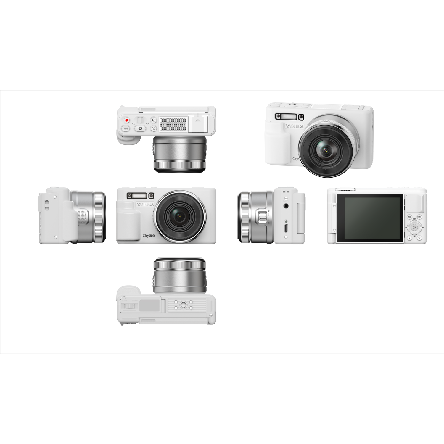 Multiple views of a white camera, showing various angles. Lens and buttons are visible.