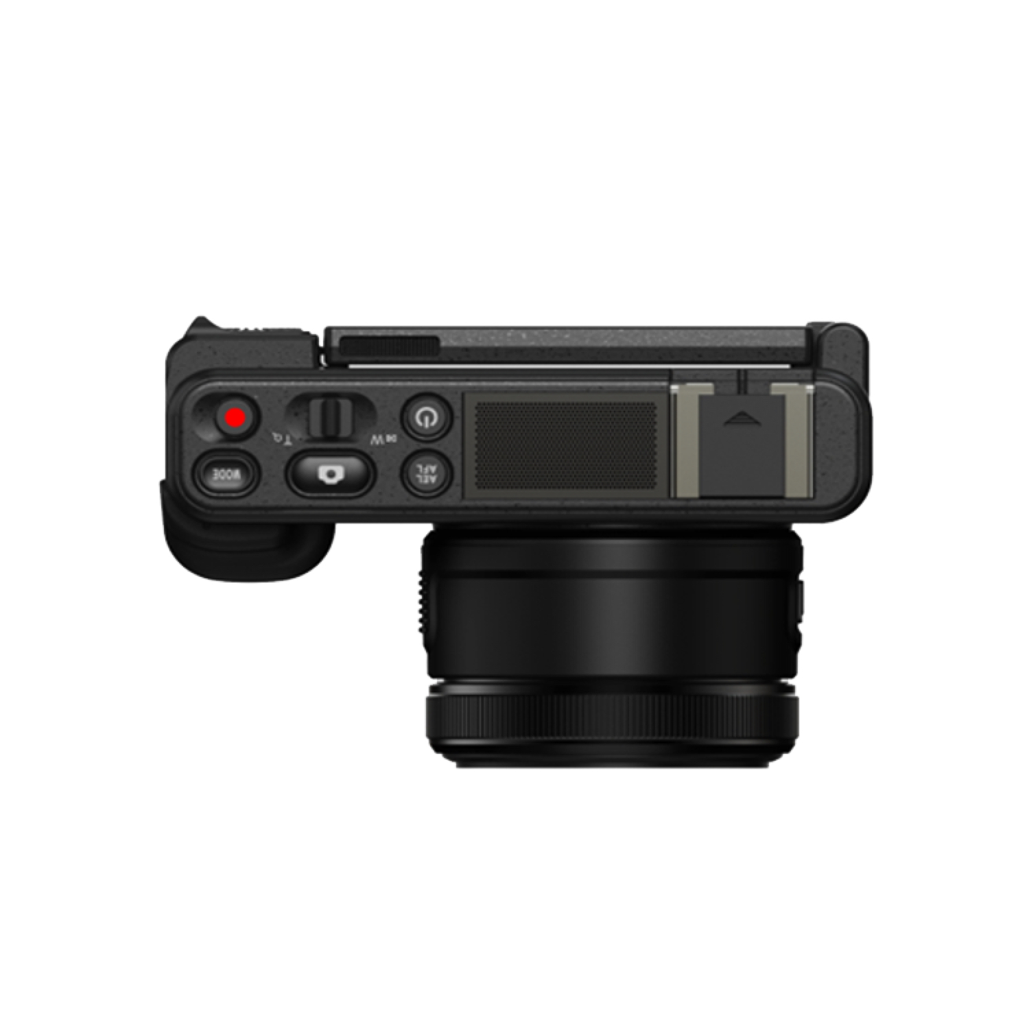 Black camera, top view. Buttons and lens are visible. It's on a white background.