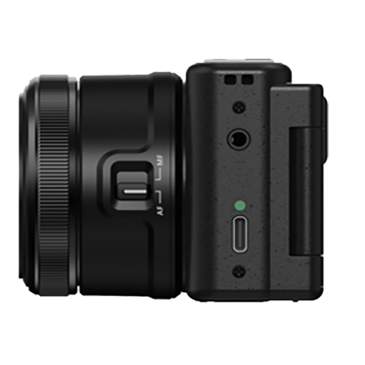Black camera with a lens on the left side, buttons on the right and a green light.