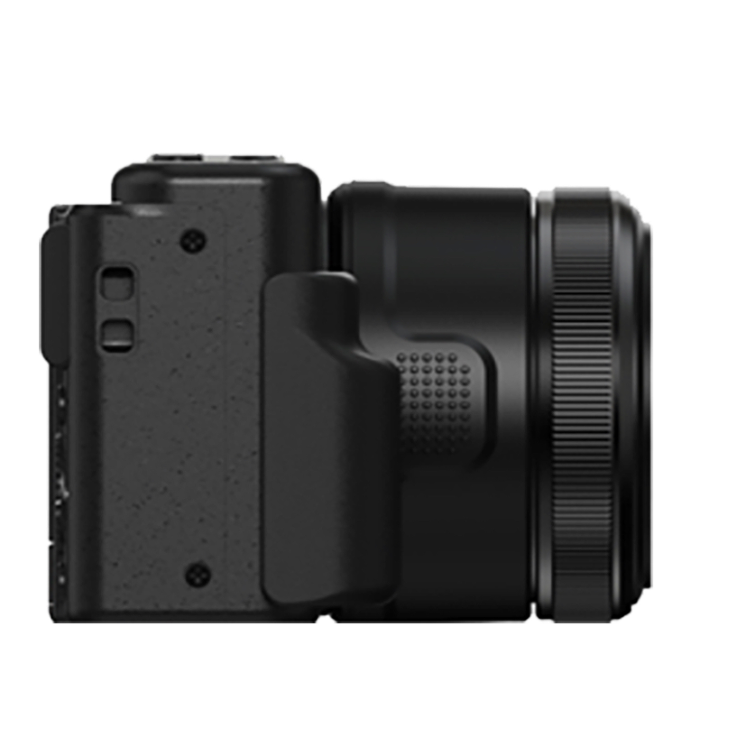 Black compact camera viewed from the side, showing the lens and grip.