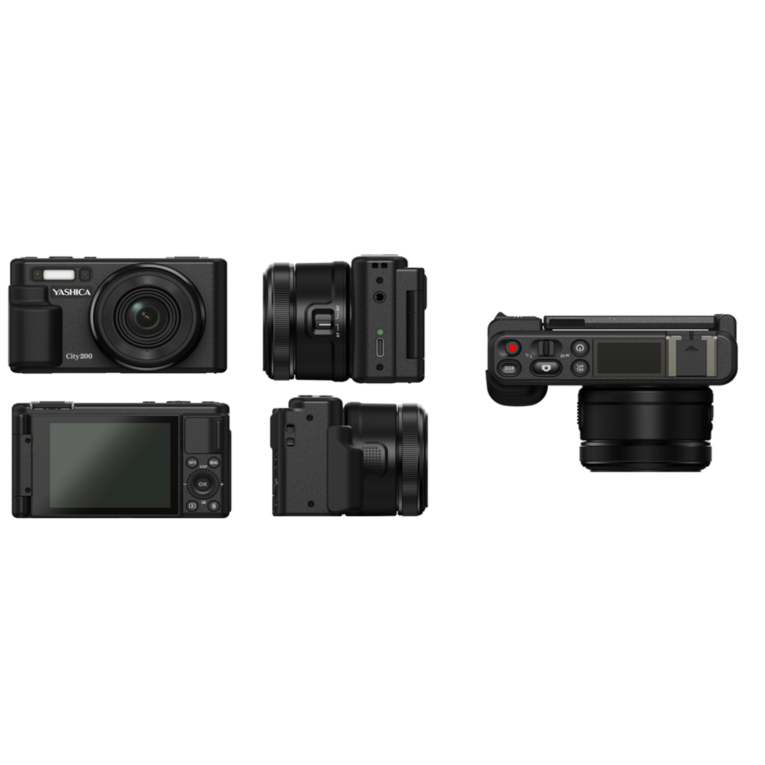 Black Yashica camera from multiple angles. Lens, flash, LCD screen are visible. White background.