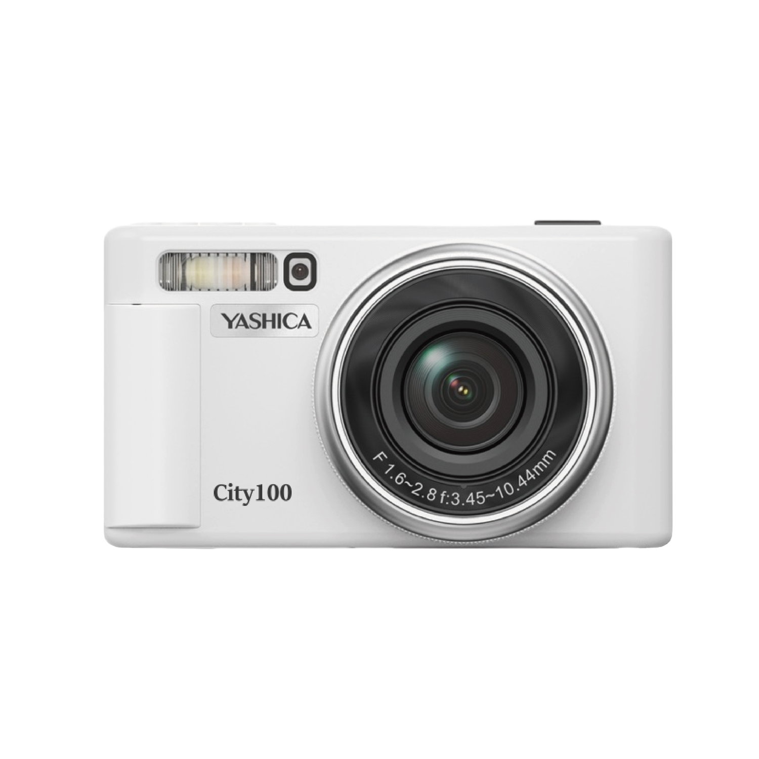 Witte Yashica City100 camera. Zwarte lens in het midden. Flitser aan de linkerkant.