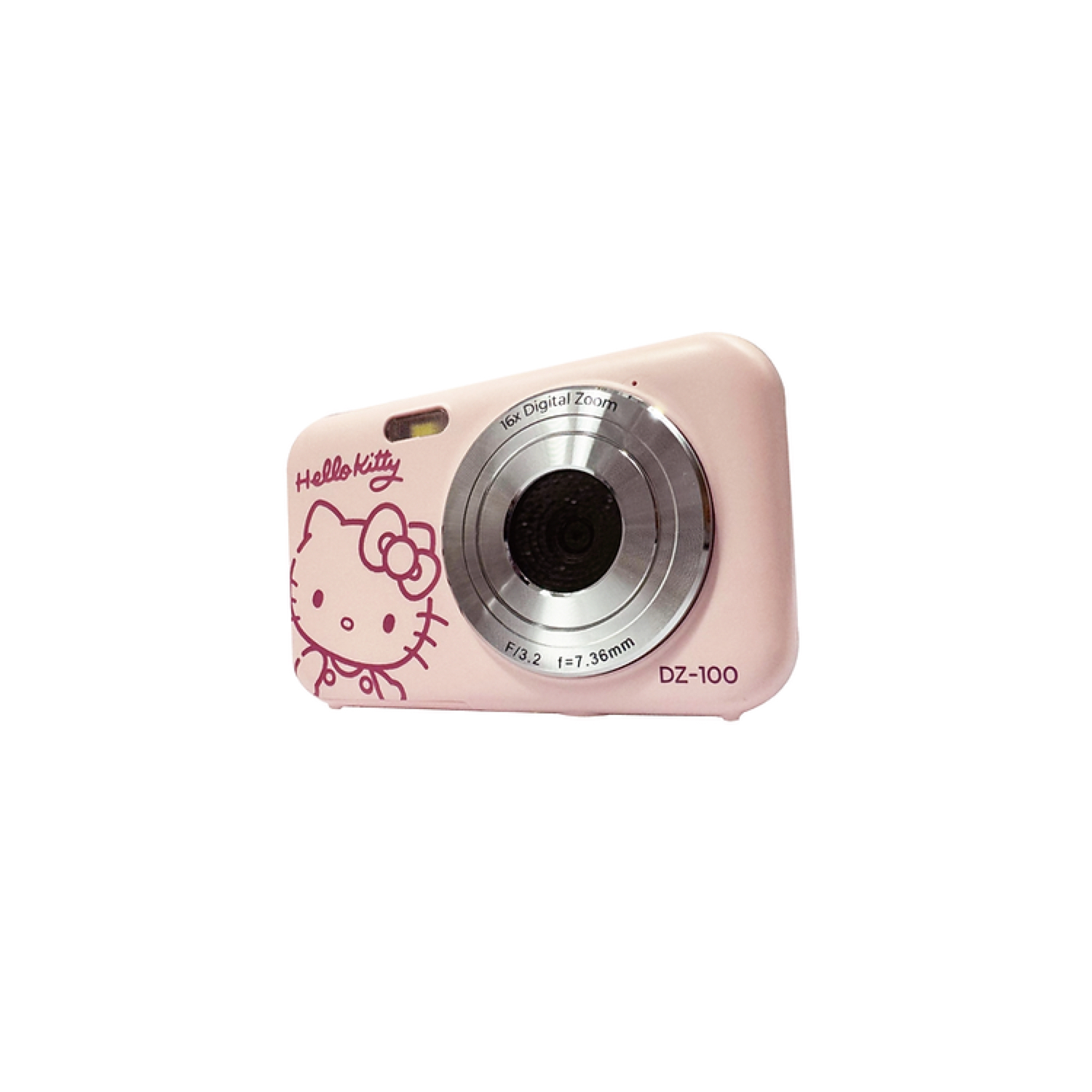 Pink Hello Kitty camera. It has a lens in the middle and a Hello Kitty design on the side.