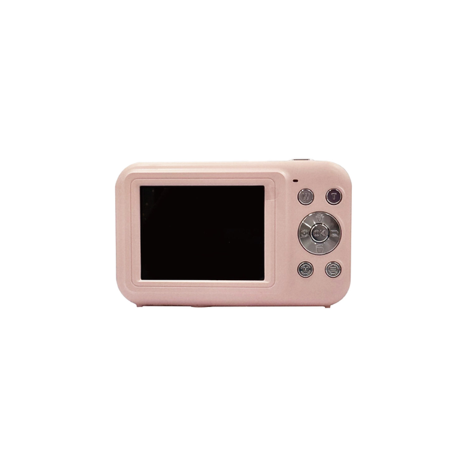 A pink digital camera, front view, black screen, white background.