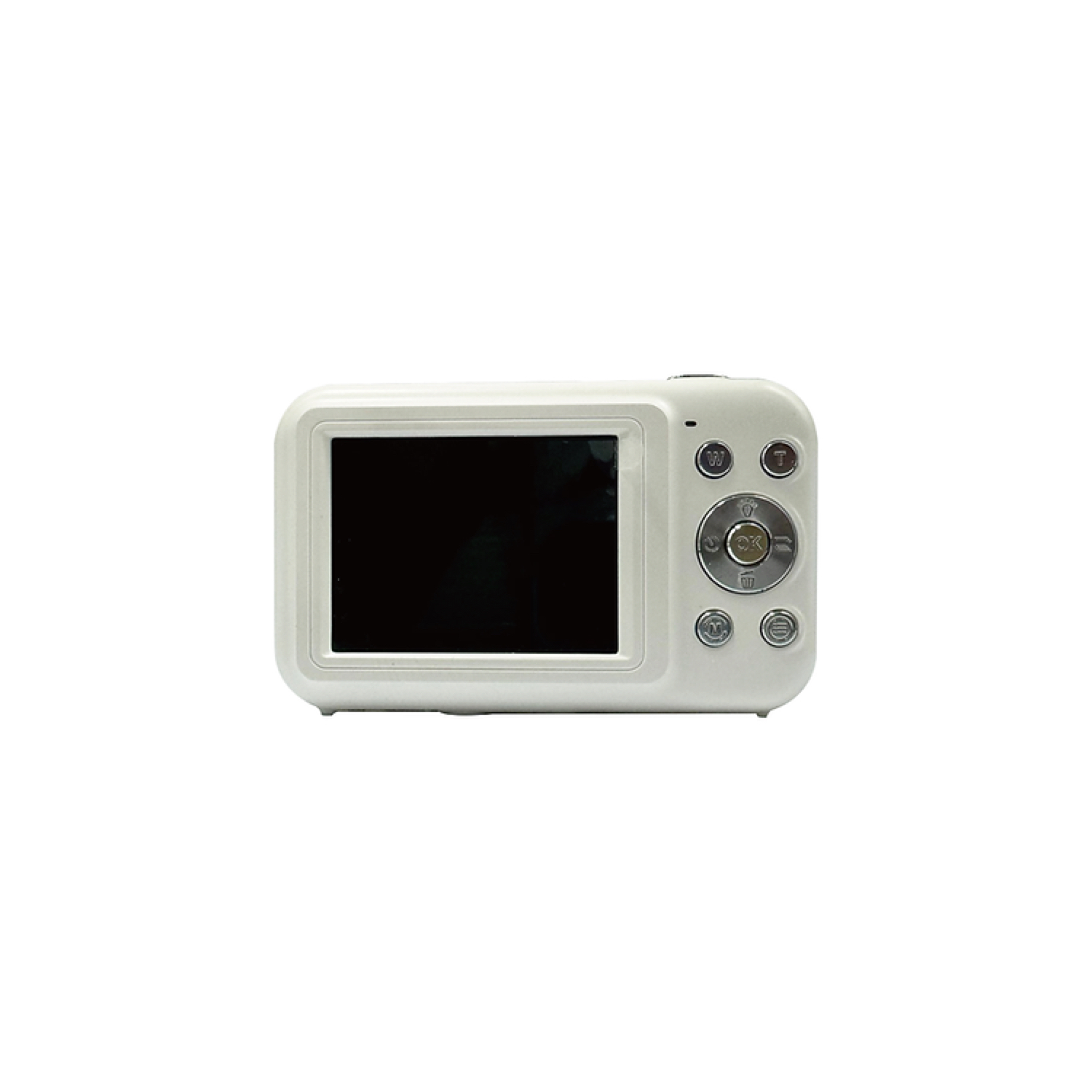 White digital camera with a black screen.