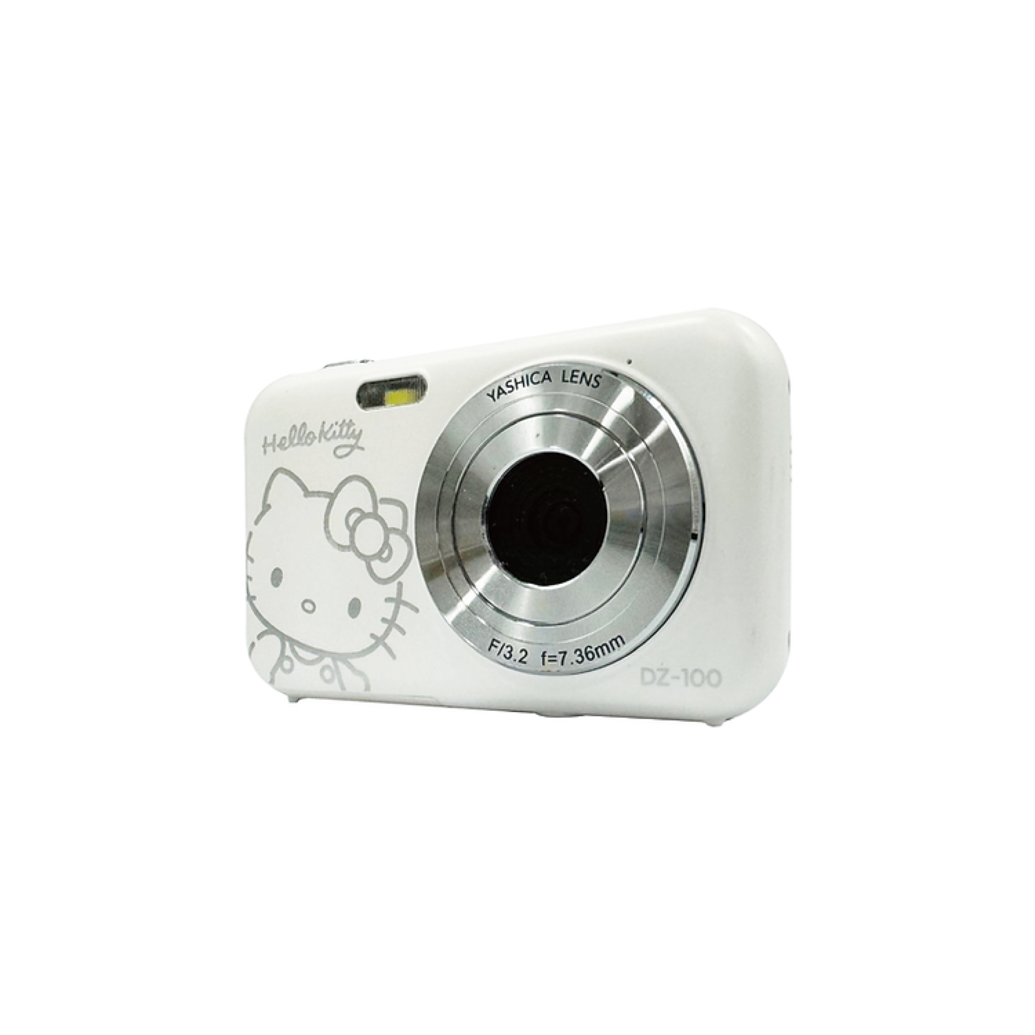 A white Hello Kitty camera with a lens and flash.