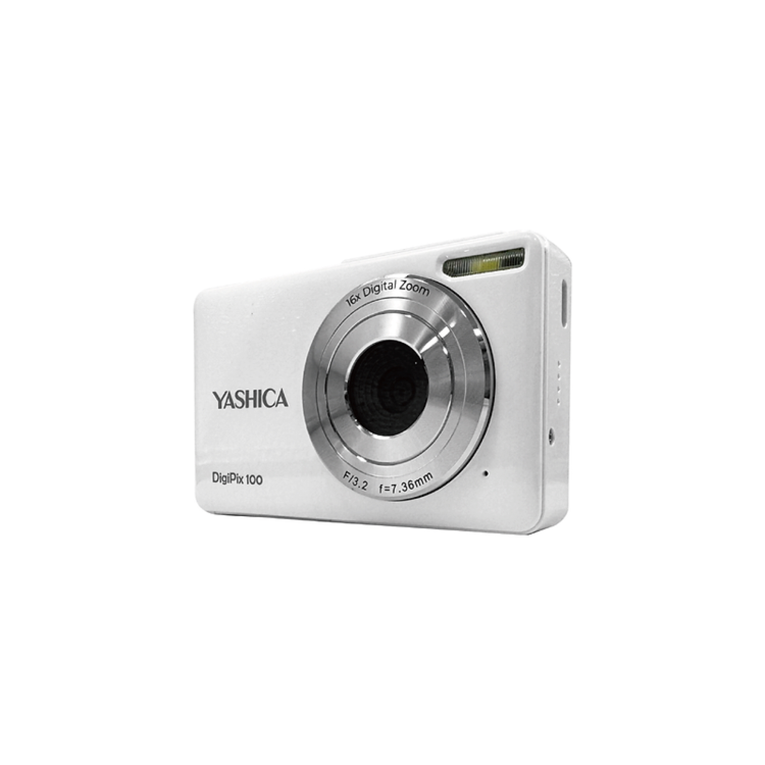 Een witte Yashica camera met een lens en een zwart centrum, geïsoleerd op wit.