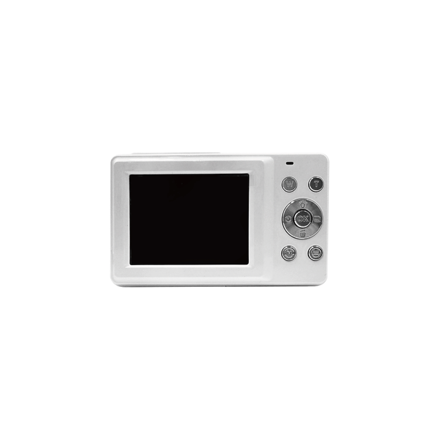 Een witte digitale camera met een zwart scherm en knoppen.