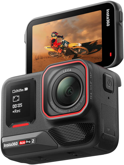 Fekete Insta360 Ace Pro 2 kamera, amelyen egy motocross versenyző látható.