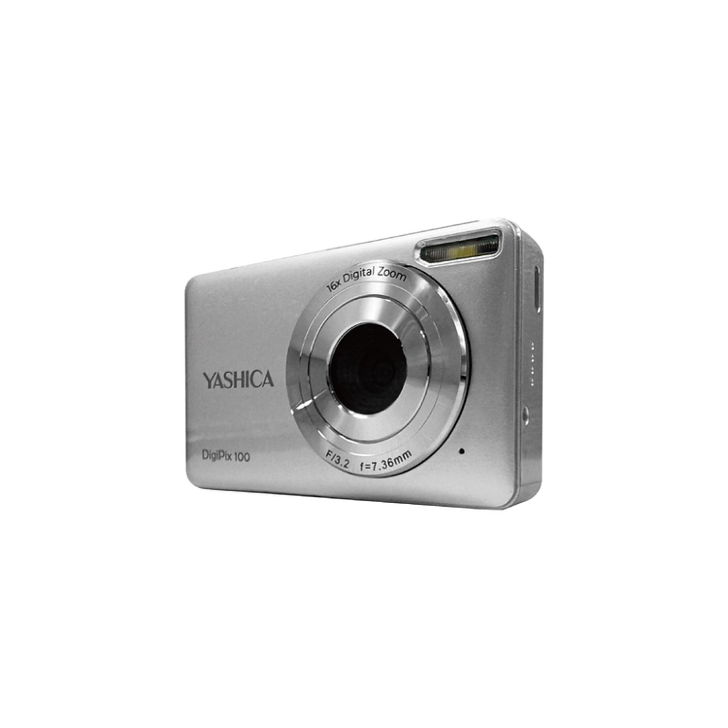 A silver Yashica DigiPix 100 digital camera, isolated on white.