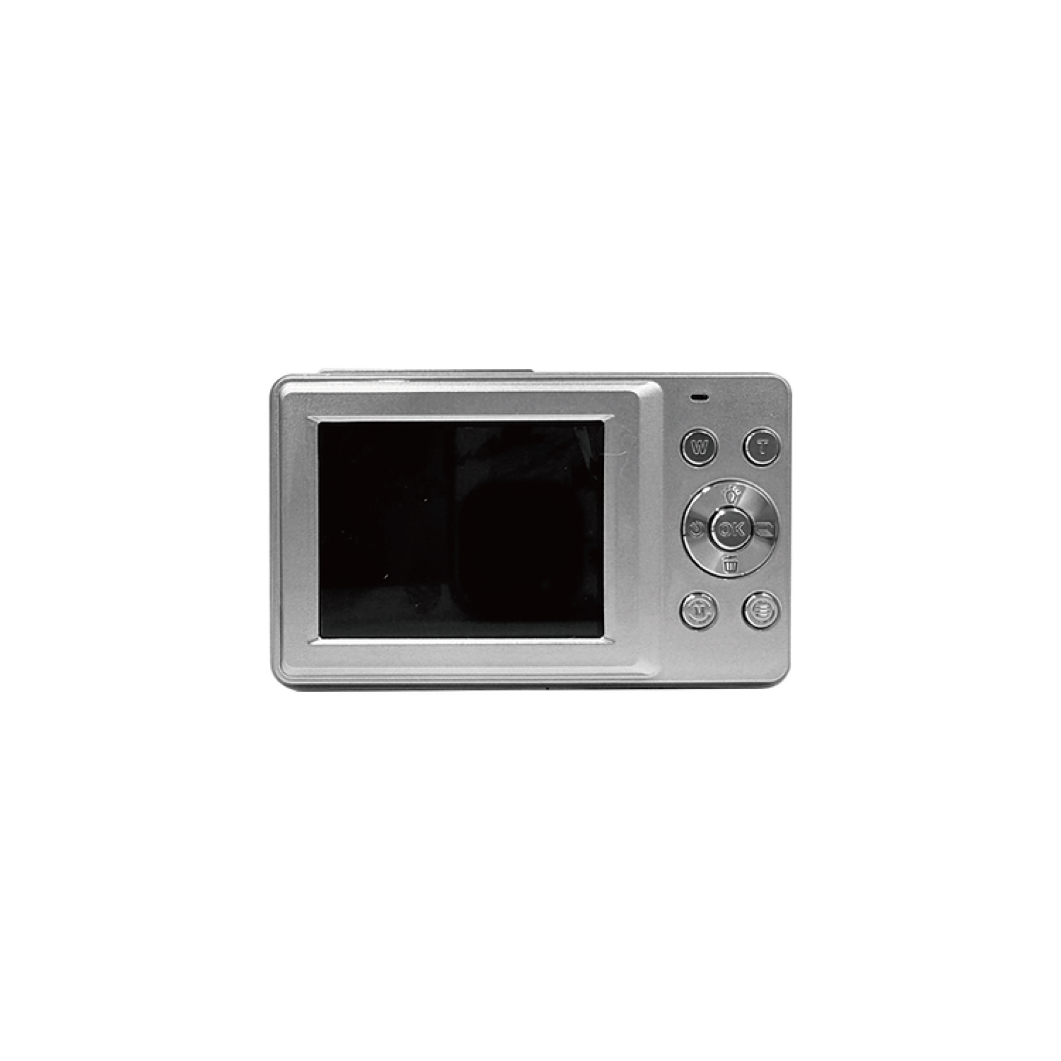 Silver digital camera with a black screen. Buttons and lens are visible.