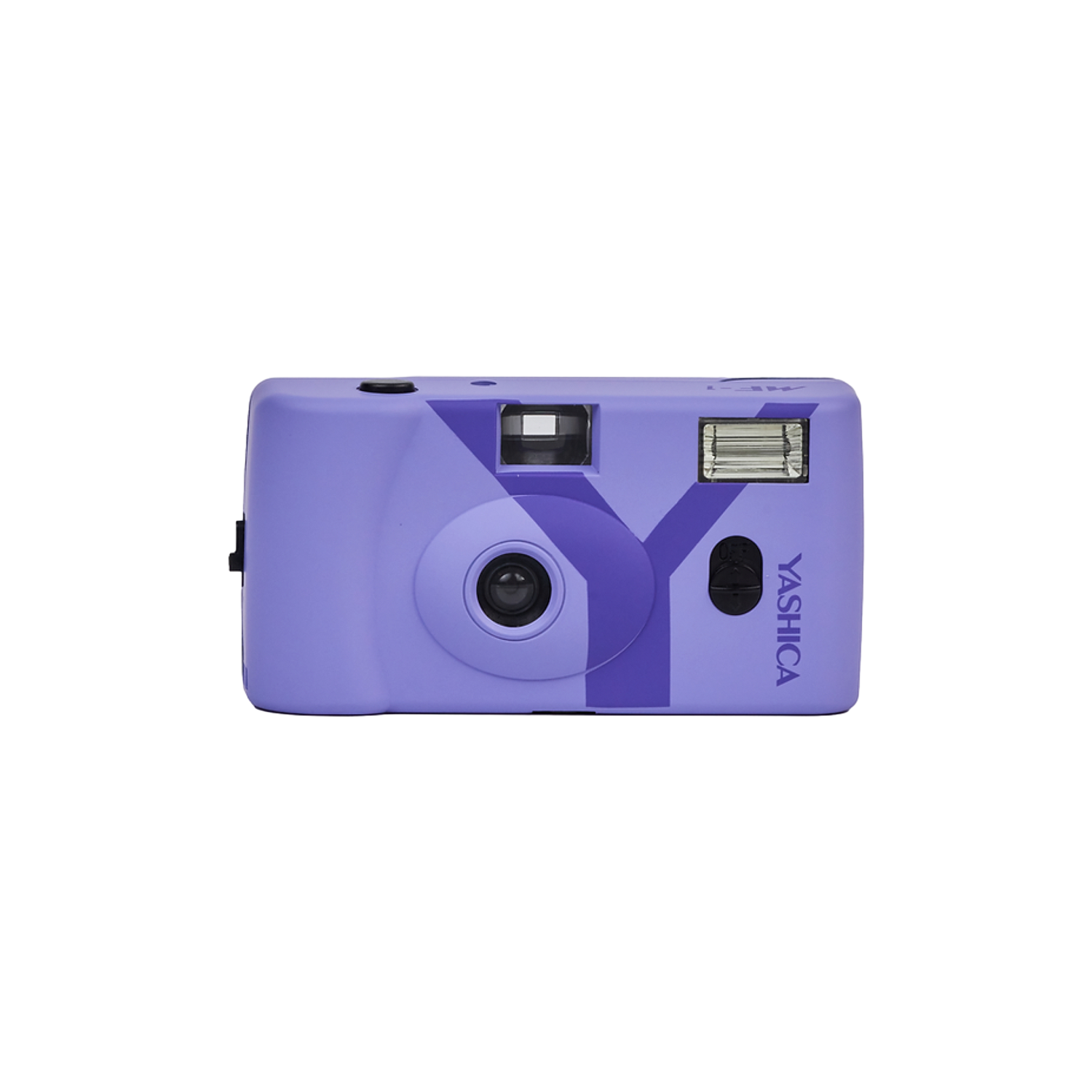Paarse Yashica camera met flitser en lens, op een zwarte achtergrond.