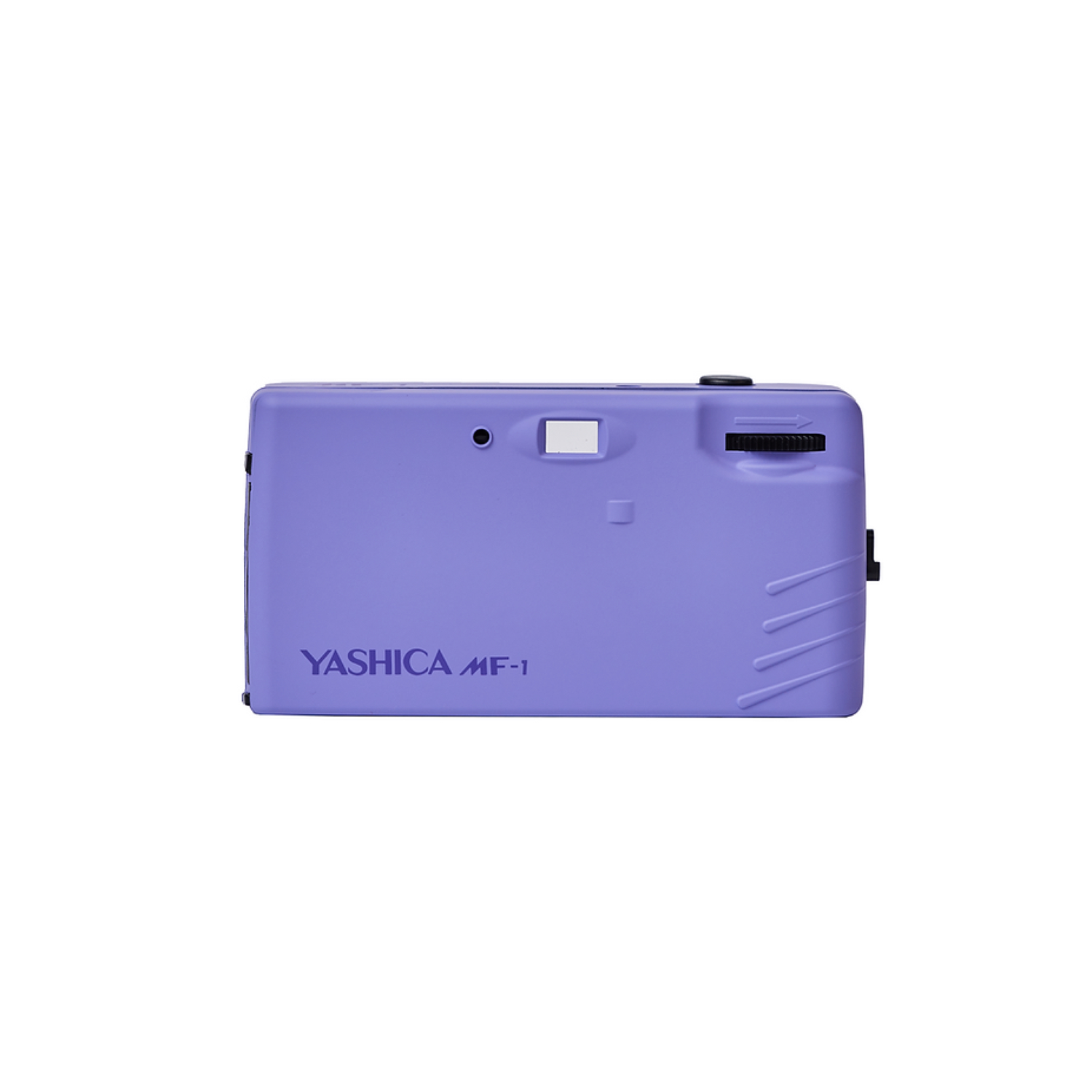 Een paarse Yashica MF-1 camera, bovenaanzicht, met de merknaam aan de voorkant.