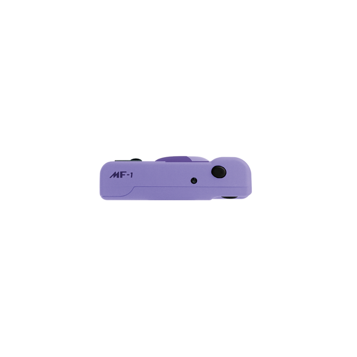 Kleine, paarse camera, bovenaanzicht, met knoppen en tekst: MF-1.