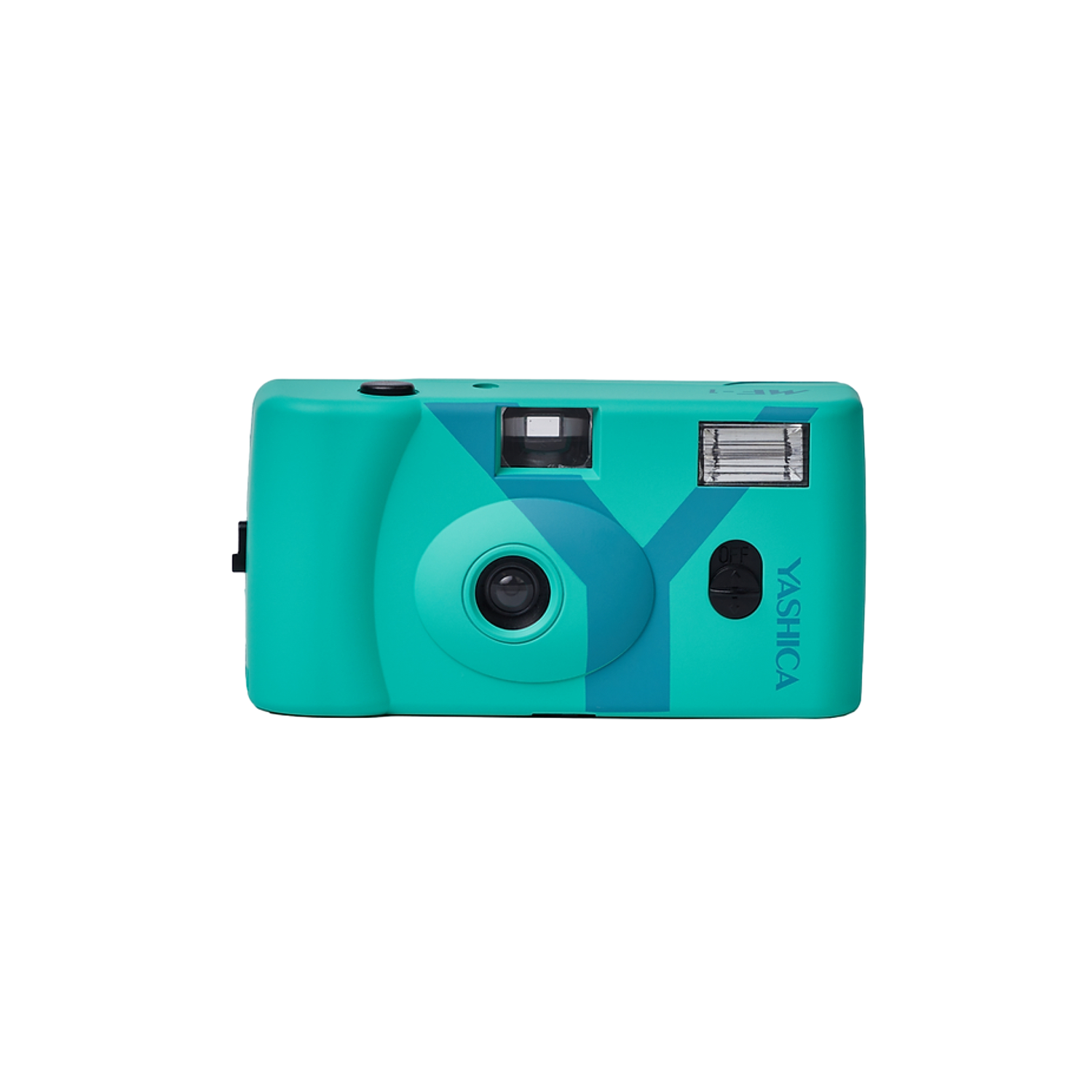 Een turquoise en blauwe Yashica camera op een zwarte achtergrond.