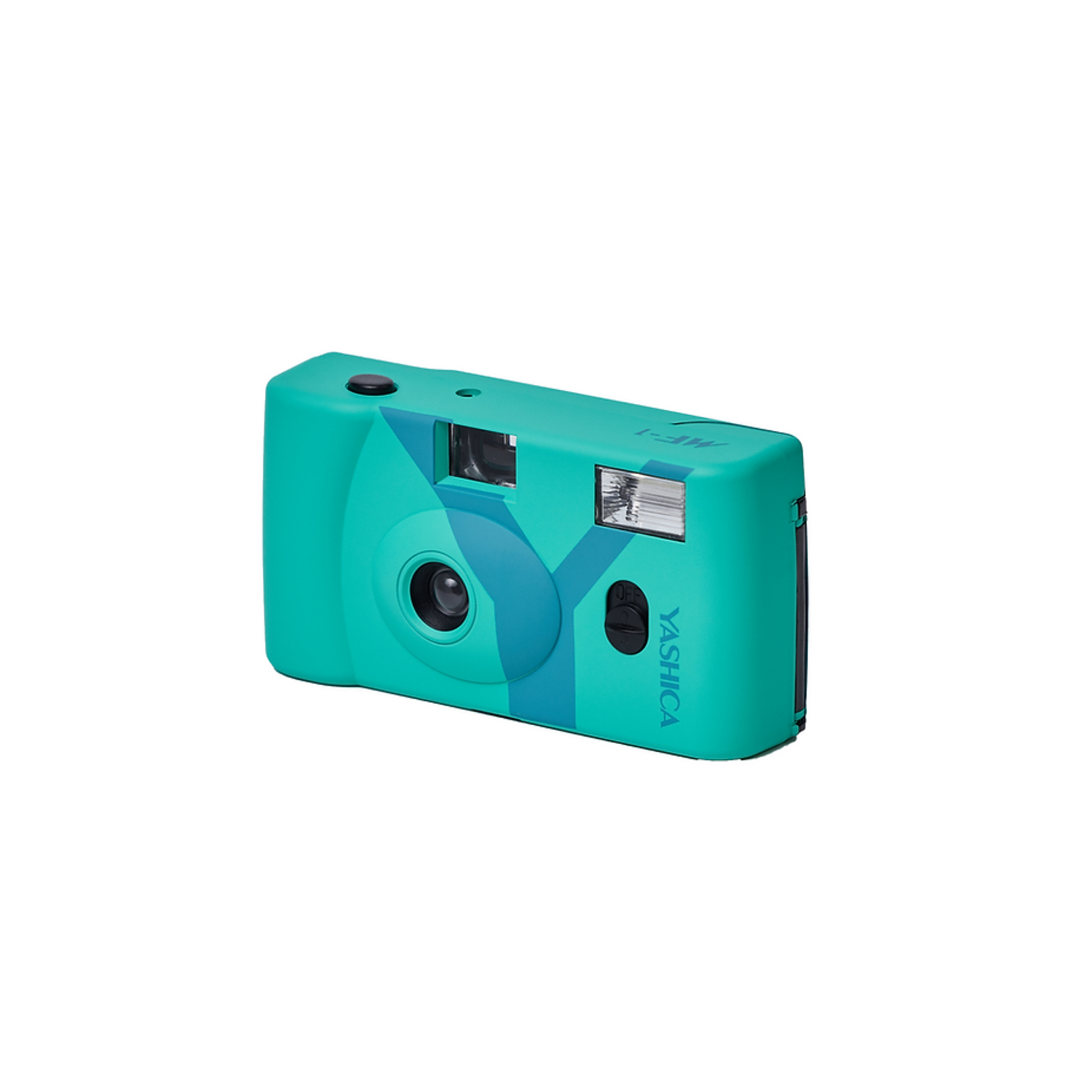 Turquoise Yashica MF-1 camera op een wit oppervlak, met een flitser en een lens.