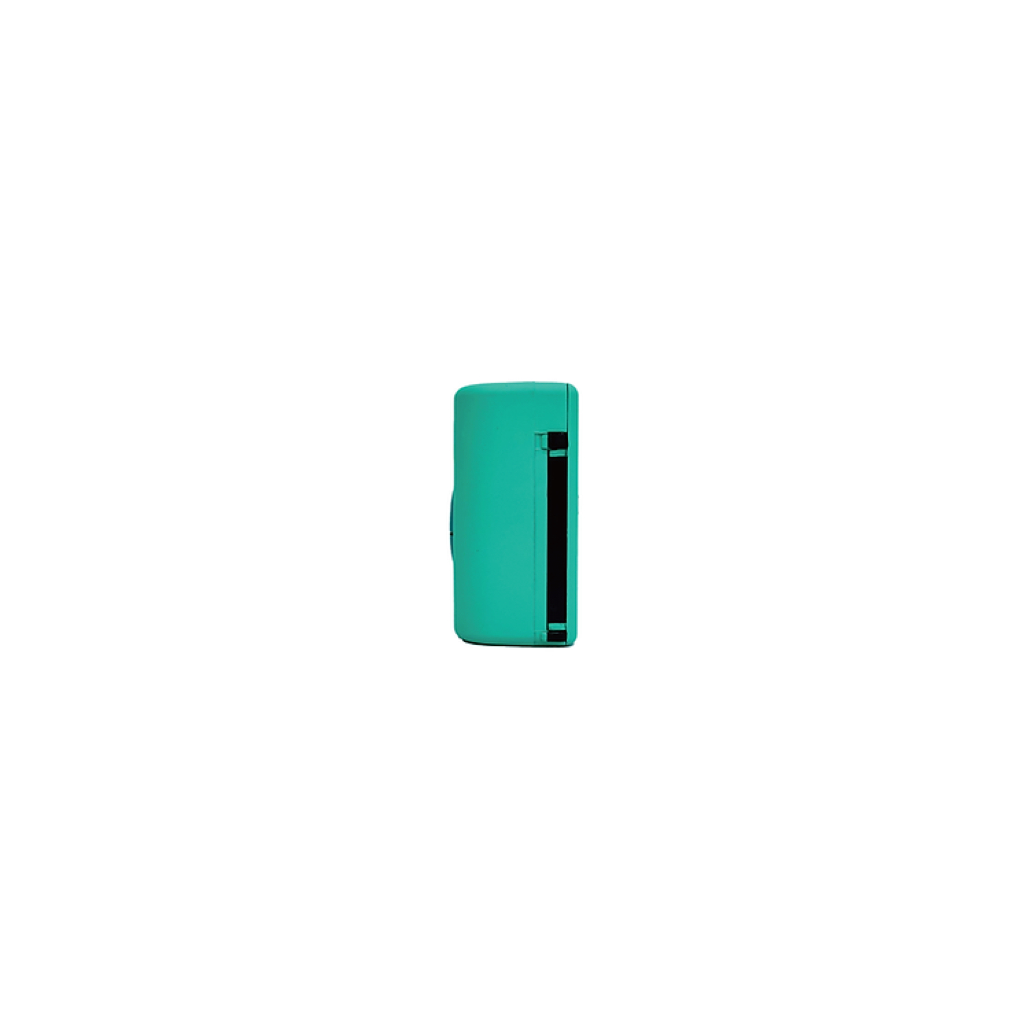 Een turquoise, rechthoekig apparaat, zijaanzicht. Het staat op een witte achtergrond.