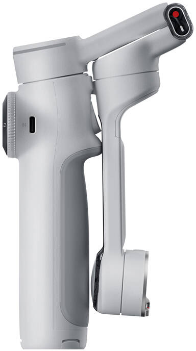 Egy szürke gimbal stabilizátor oldalra tartva, fekete háttérrel.