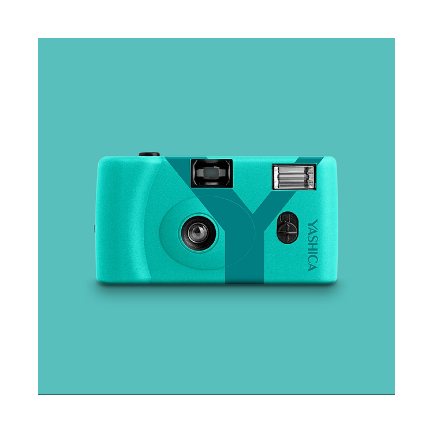 Een blauwgroene wegwerpcamera op een bijpassende blauwe achtergrond.