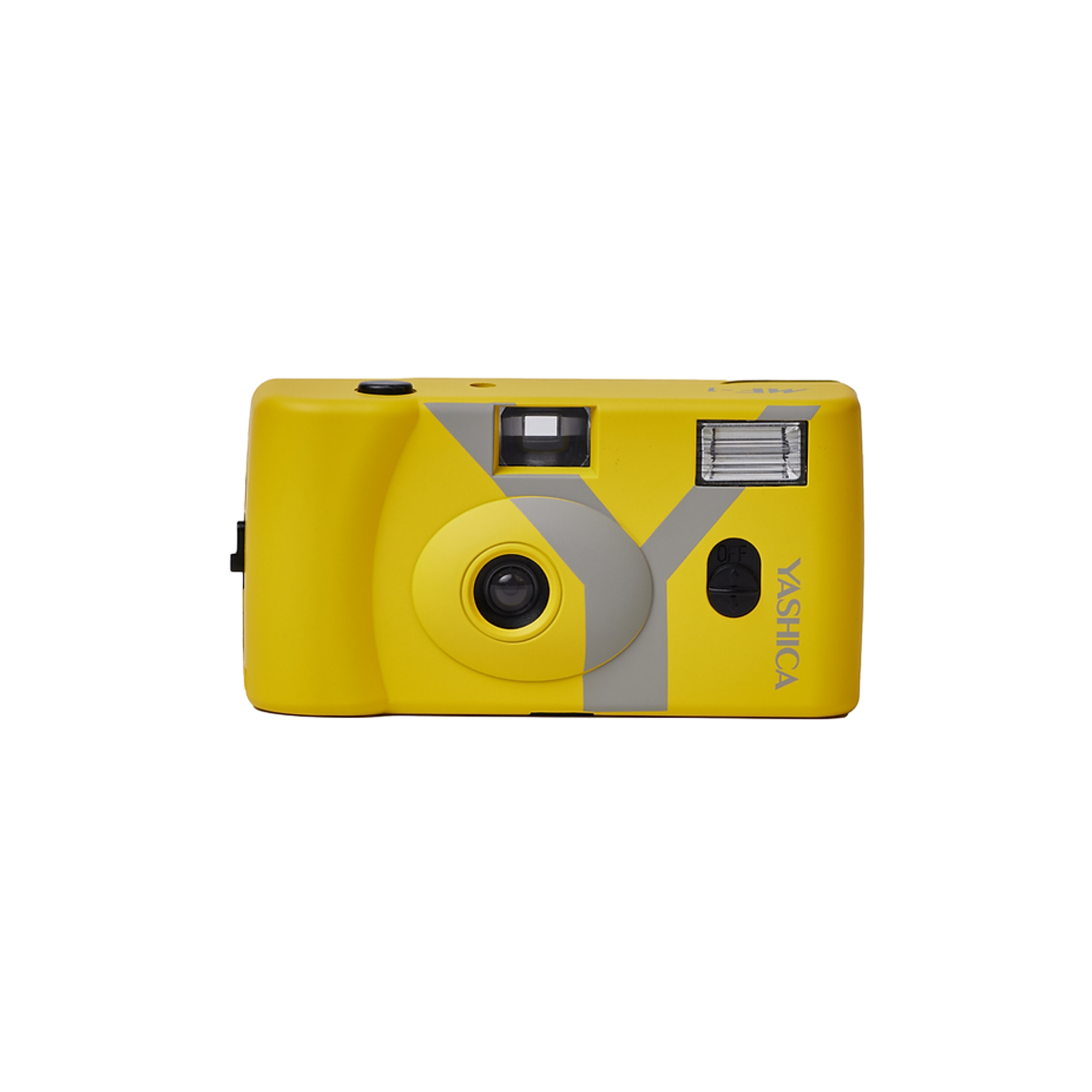 Gele Yashica camera op zwarte achtergrond. Het heeft grijze accenten en een lens.