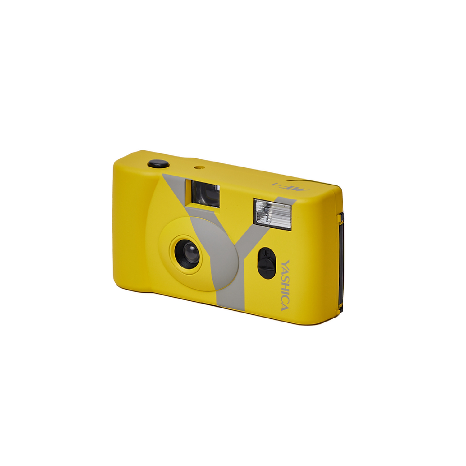 Gele Yashica MF-1 filmcamera met een flitser.