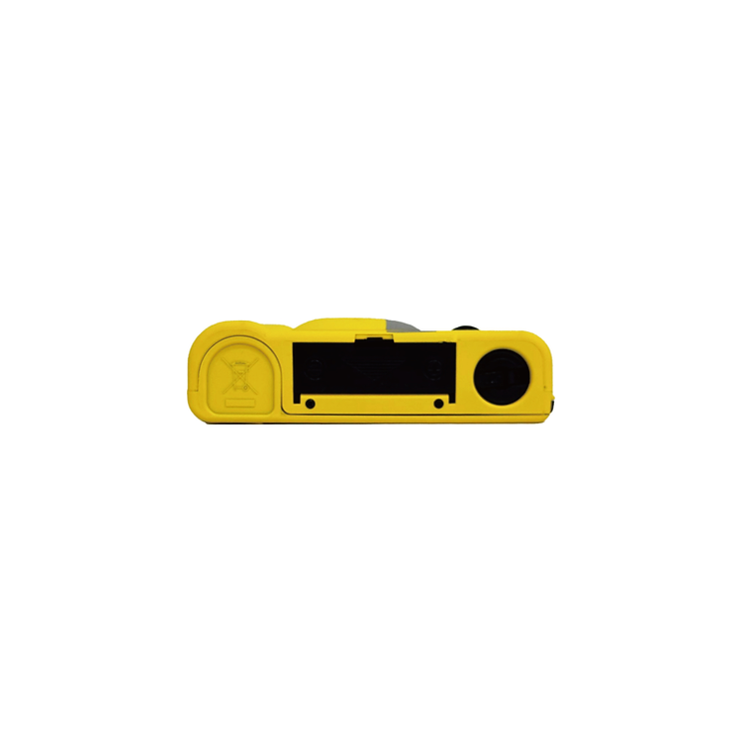 Bovenaanzicht van gele camera met zwarte details, witte achtergrond.