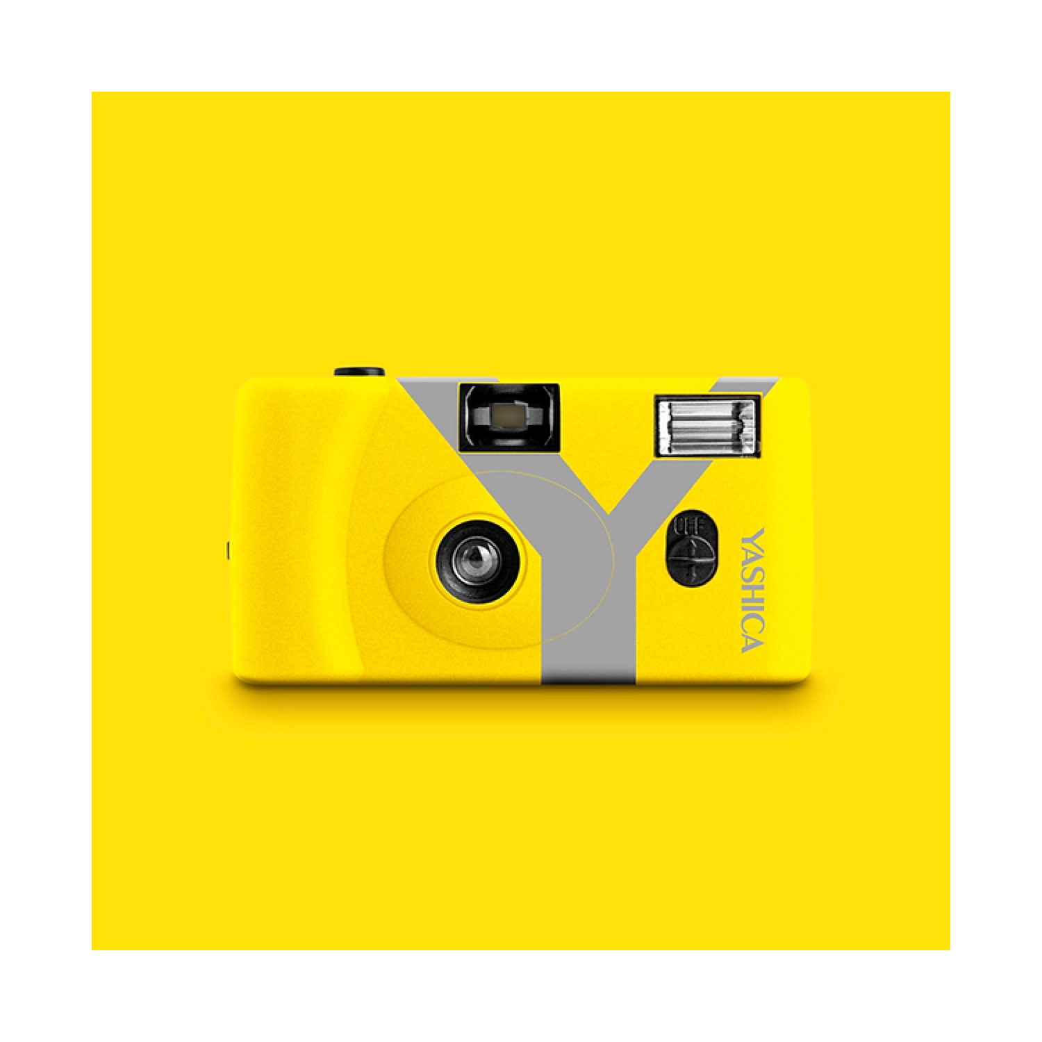 Gele Yashica-filmcamera op een gele achtergrond, met een grijs accentontwerp.