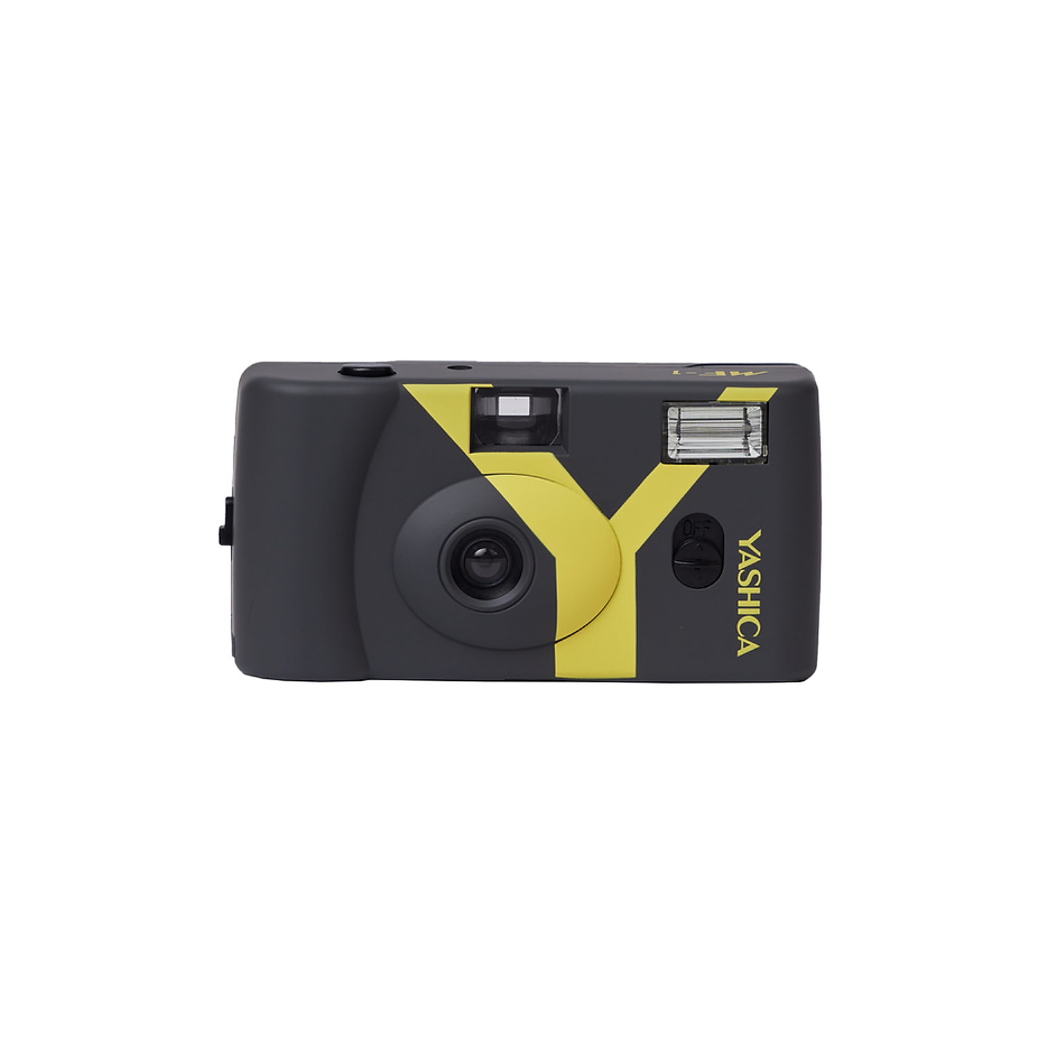 Zwart-gele Yashica camera, met flitser en de merknaam erop.