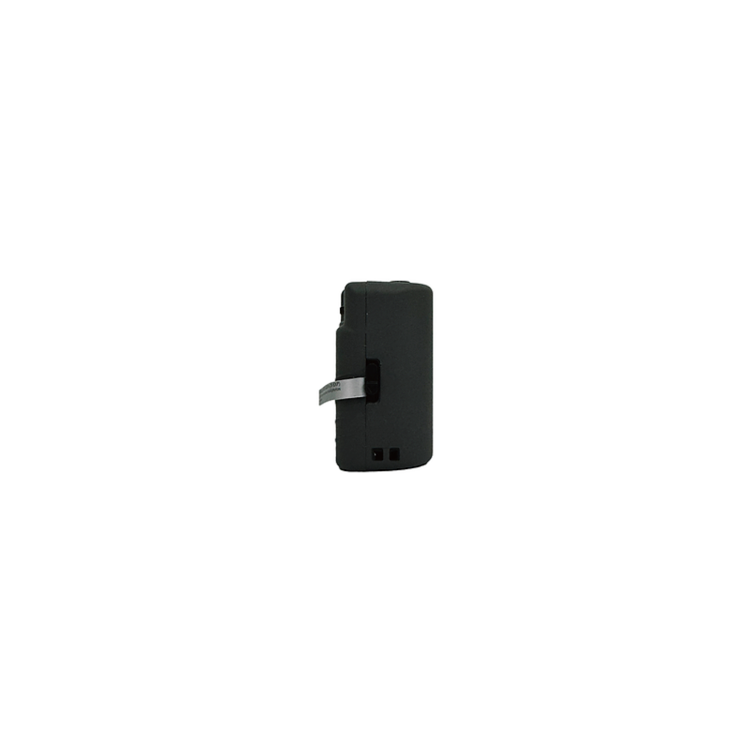 Zwart apparaat, zijaanzicht. Een grijze kabel is zichtbaar.