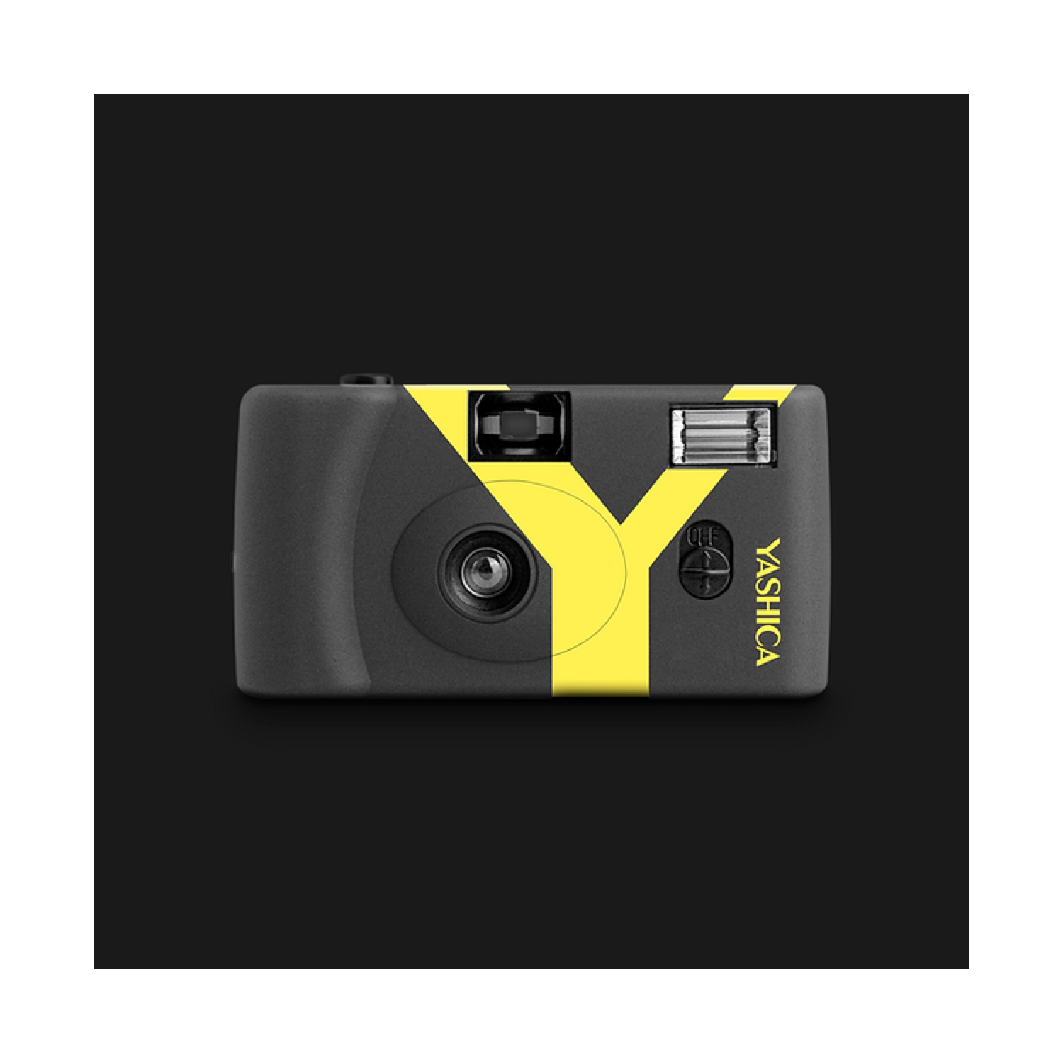 Een zwarte en gele Yashica-camera. De flitser en lens zijn zichtbaar. De Y is geel.