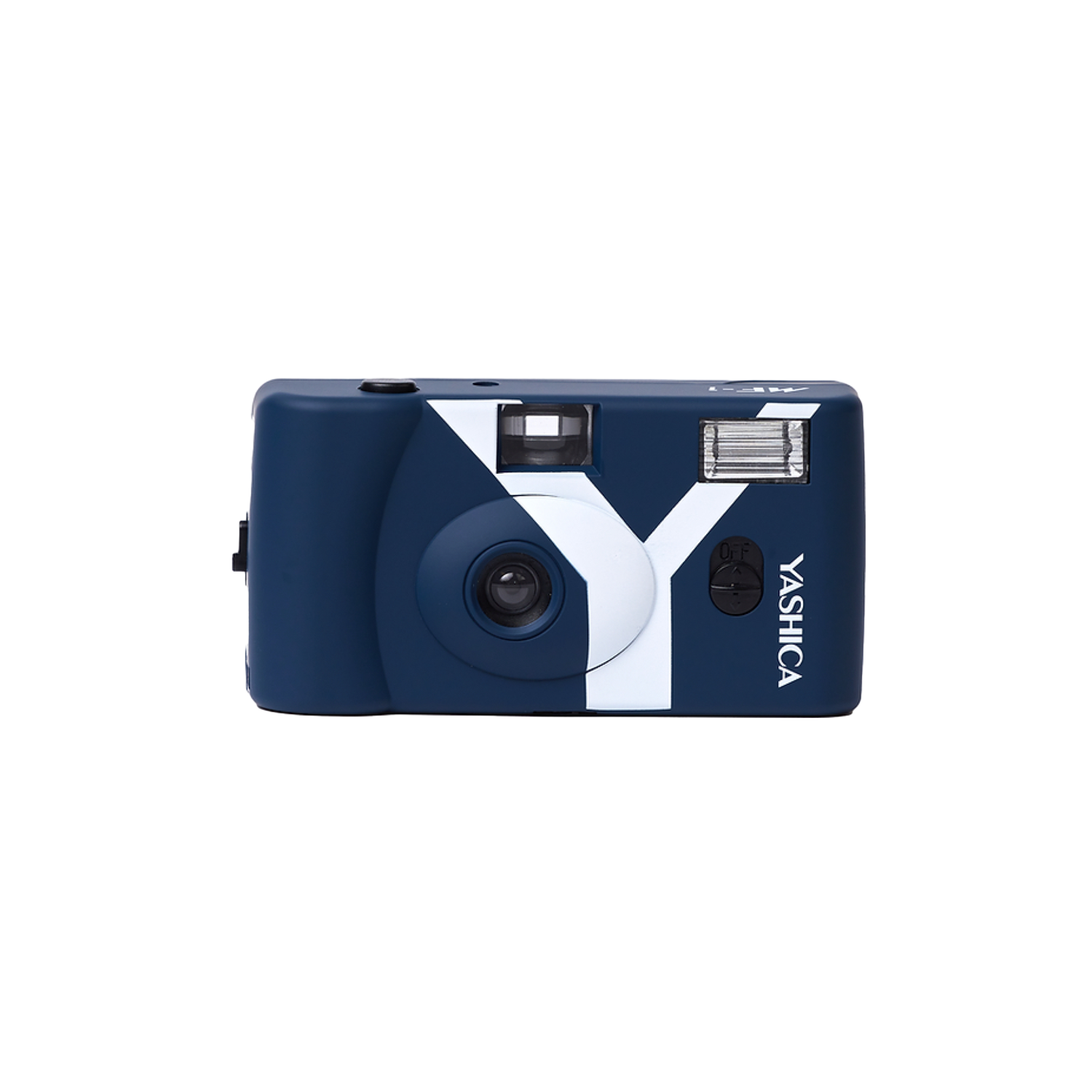 Yashica camera. Blauwe behuizing met wit Y-logo. Flitser en lens zichtbaar.