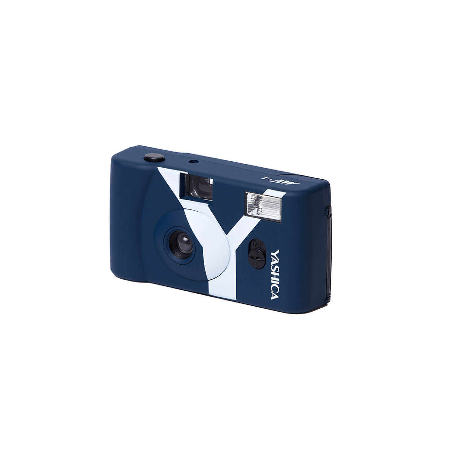Blauwe Yashica MF-1 camera met wit Y-logo.