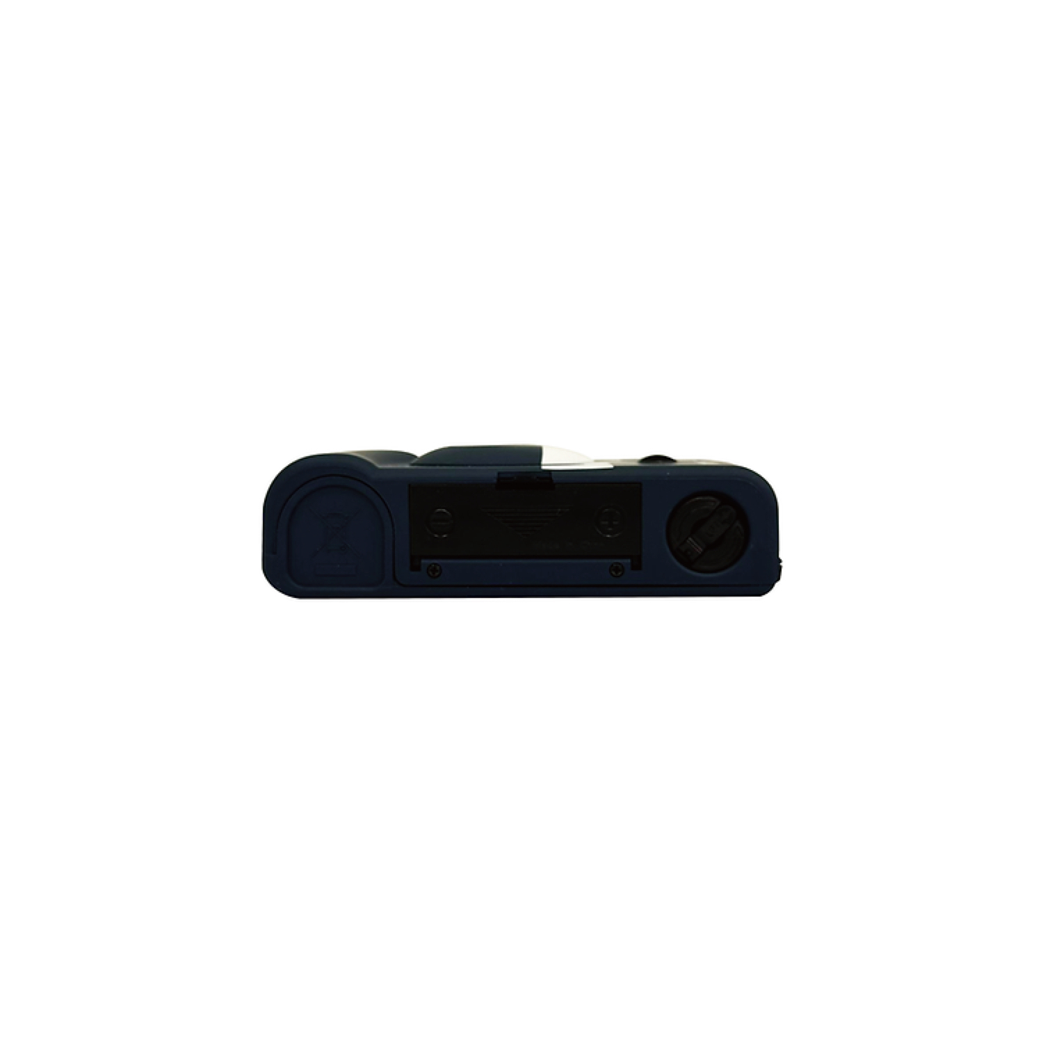 Bovenaanzicht van een donkerblauw apparaat met een USB-poort en een aan/uit-knop.