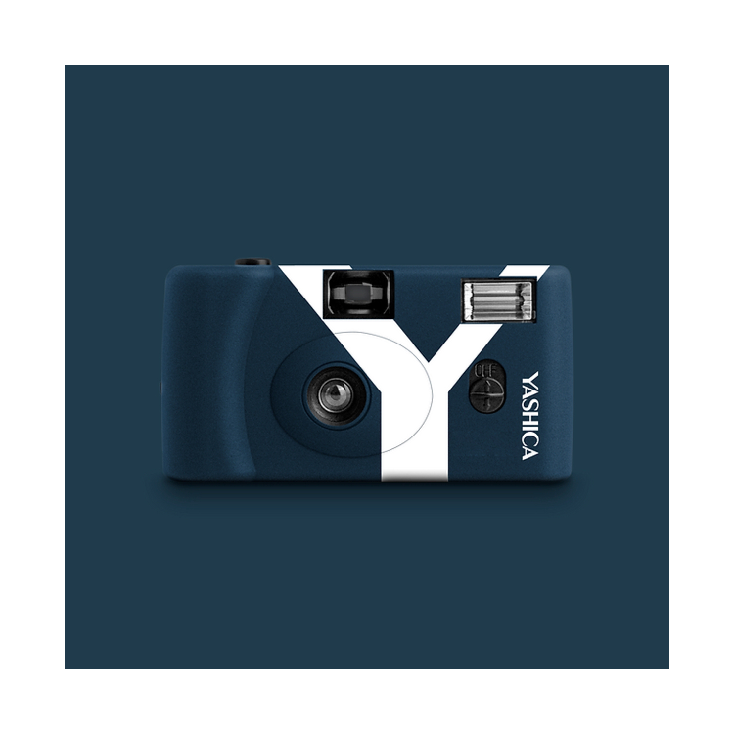 Een blauwe camera met een witte Y en het woord "YASHICA" aan de zijkant.