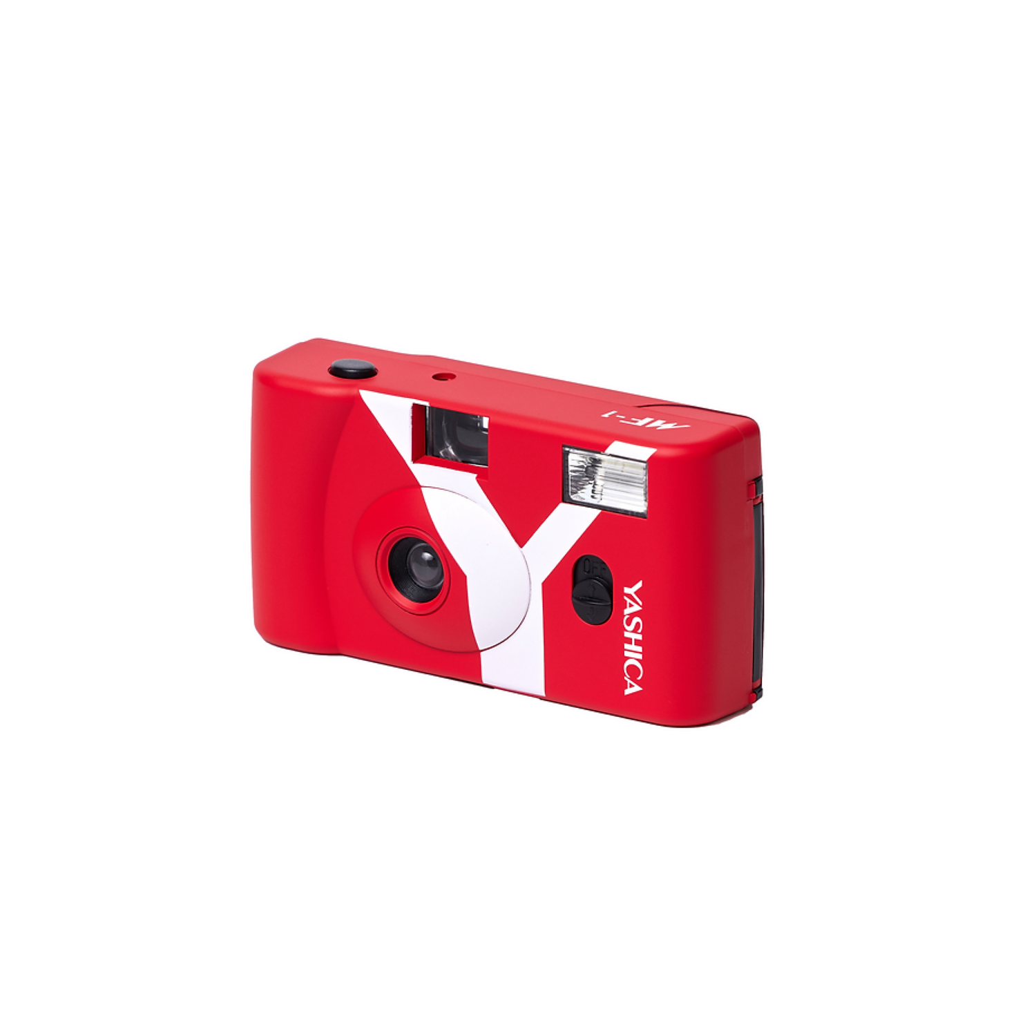 Rode Yashica MF-1 camera met wit logo, zwarte lens en flitser. Witte achtergrond.