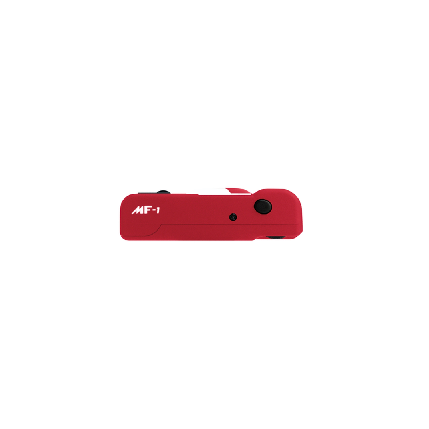 Bovenkant van een rode camera met MF-1 en aan/uit-knop.