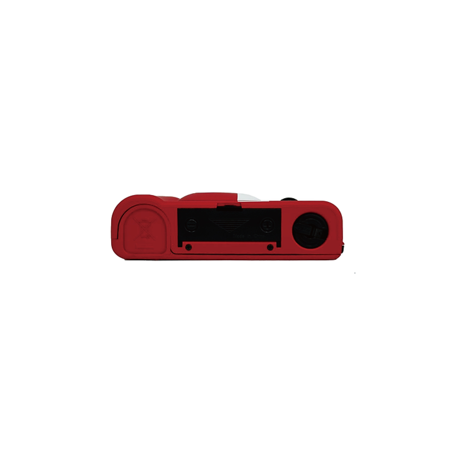 Een rode mini-camera, achteraanzicht. Heeft een oplaadpoort.