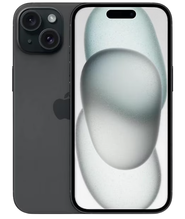 Arka ve önü görünen koyu gri bir iPhone. Ekran bulanık soyut bir tasarım gösteriyor.