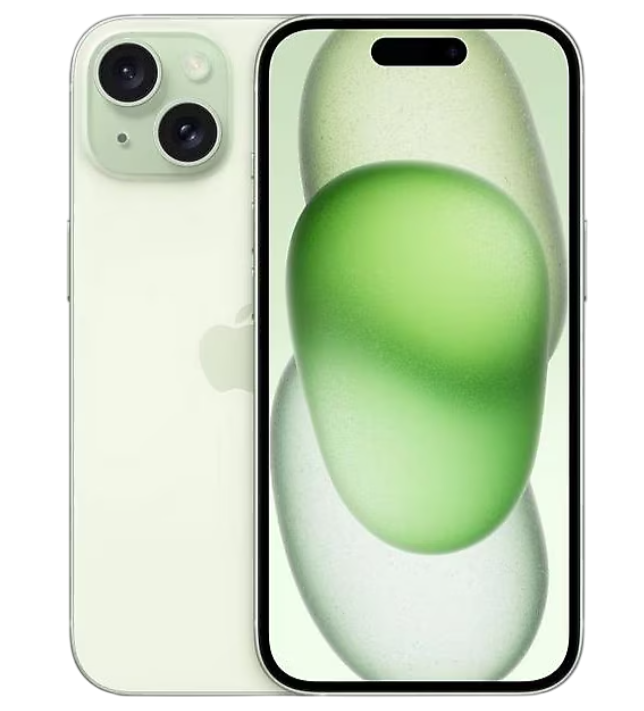 İki arka kamerası olan yeşil iPhone. Ekran, soyut yeşil ve beyaz bir desen gösteriyor.