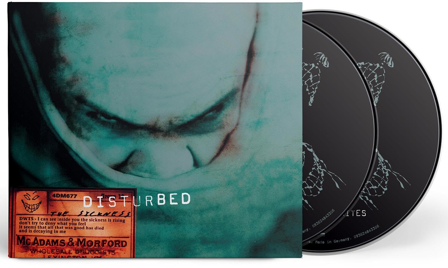 Album borító: egy bekötözött arcú személy, a DISTURBED zenekar neve, és két CD.