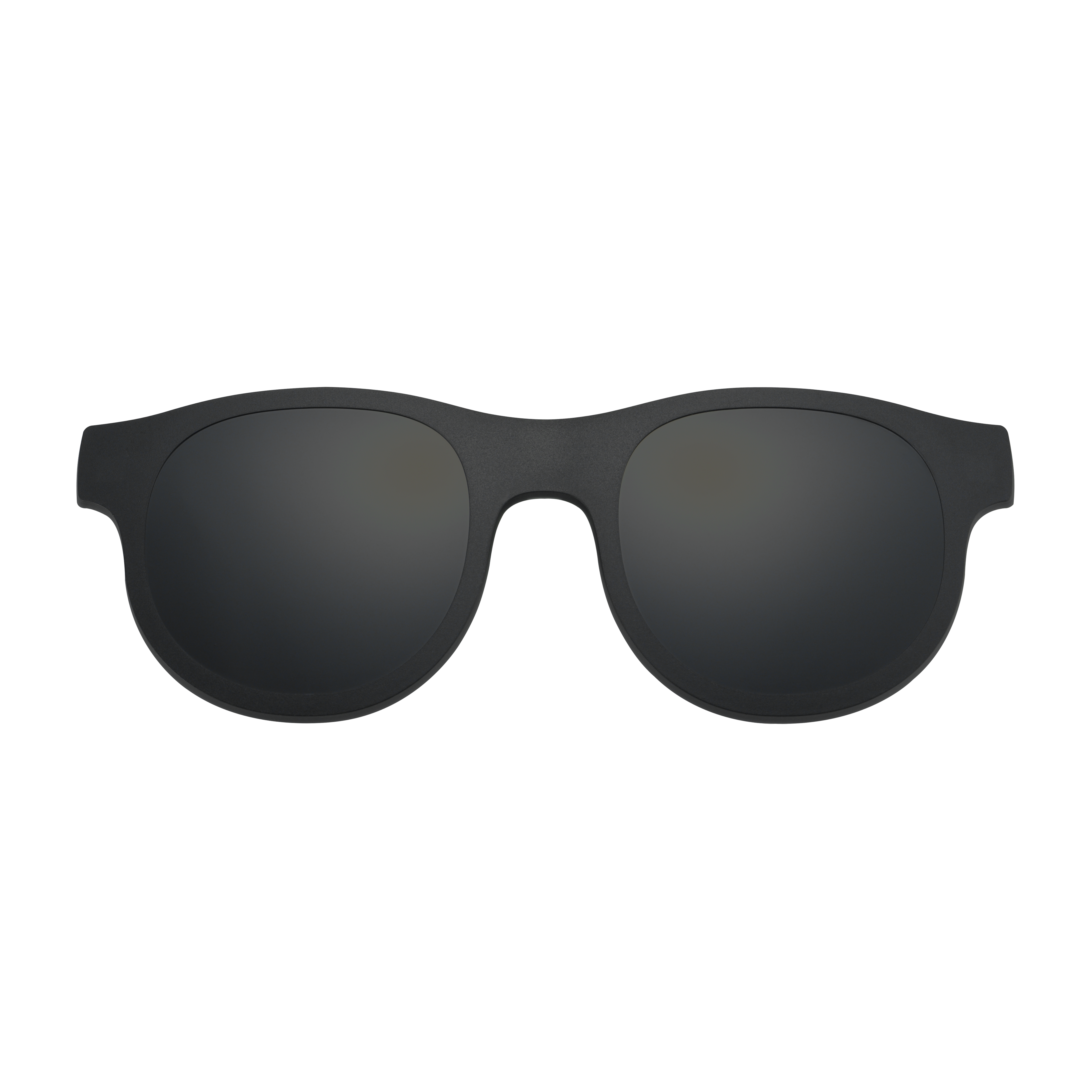 Sonnenbrille mit dunklen Gläsern, mit schwarzem Rahmen vor schwarzem Hintergrund.