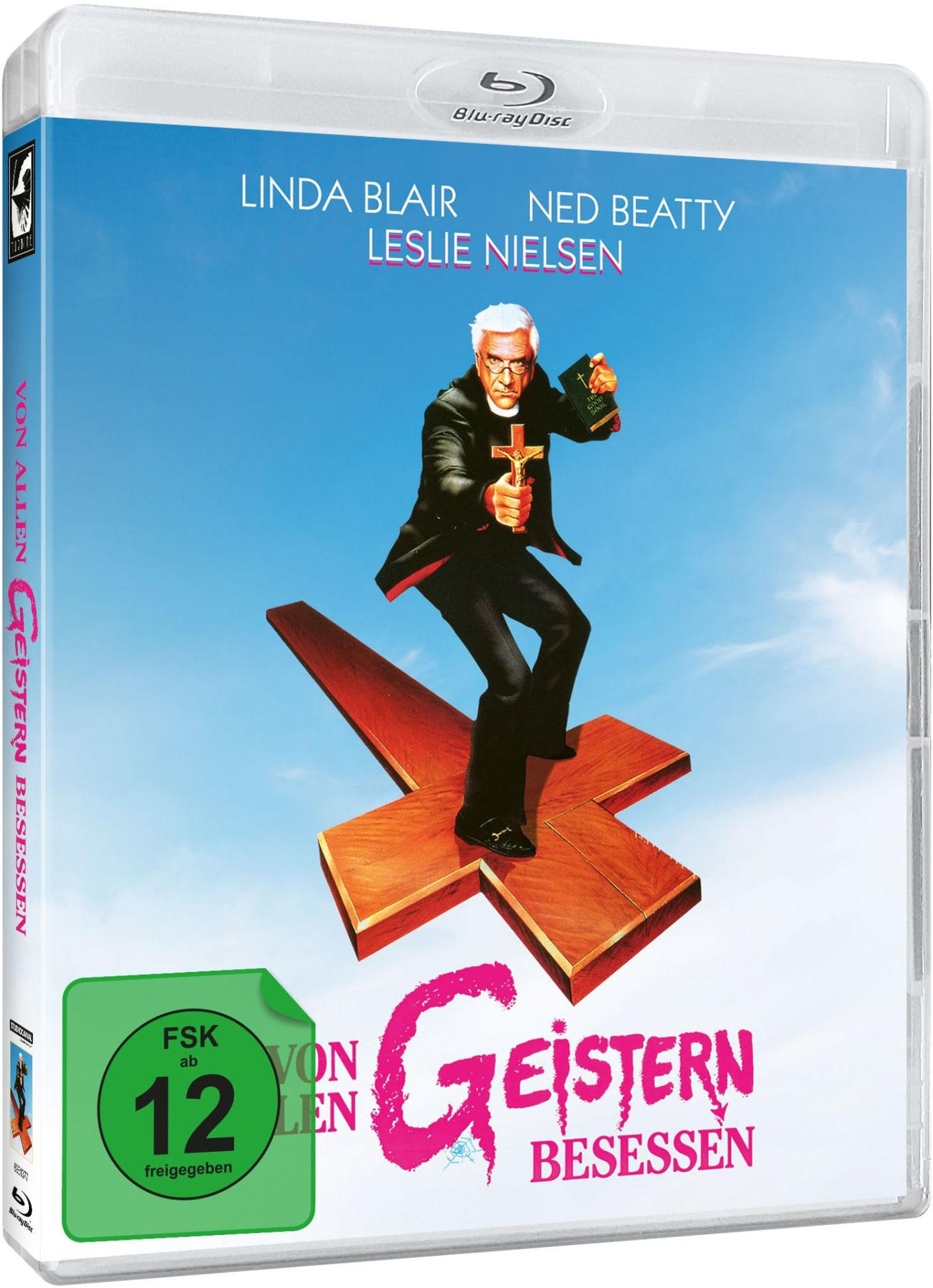 Filmcover, Priester auf einem Kreuz, mit Titel und Schauspielernamen.