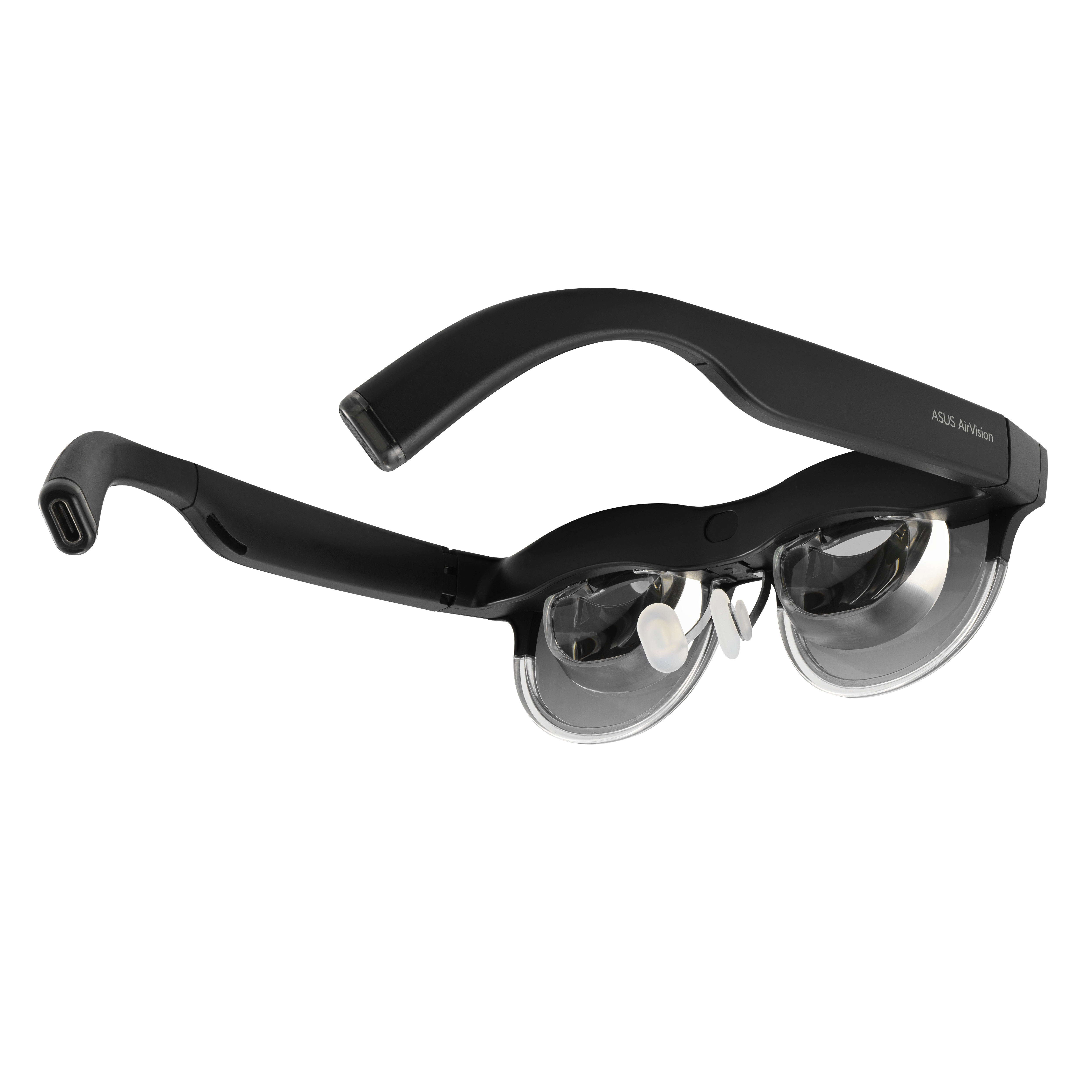 Schwarze ASUS AirVision Smartglasses, offen, abgewinkelt vor schwarzem Hintergrund.