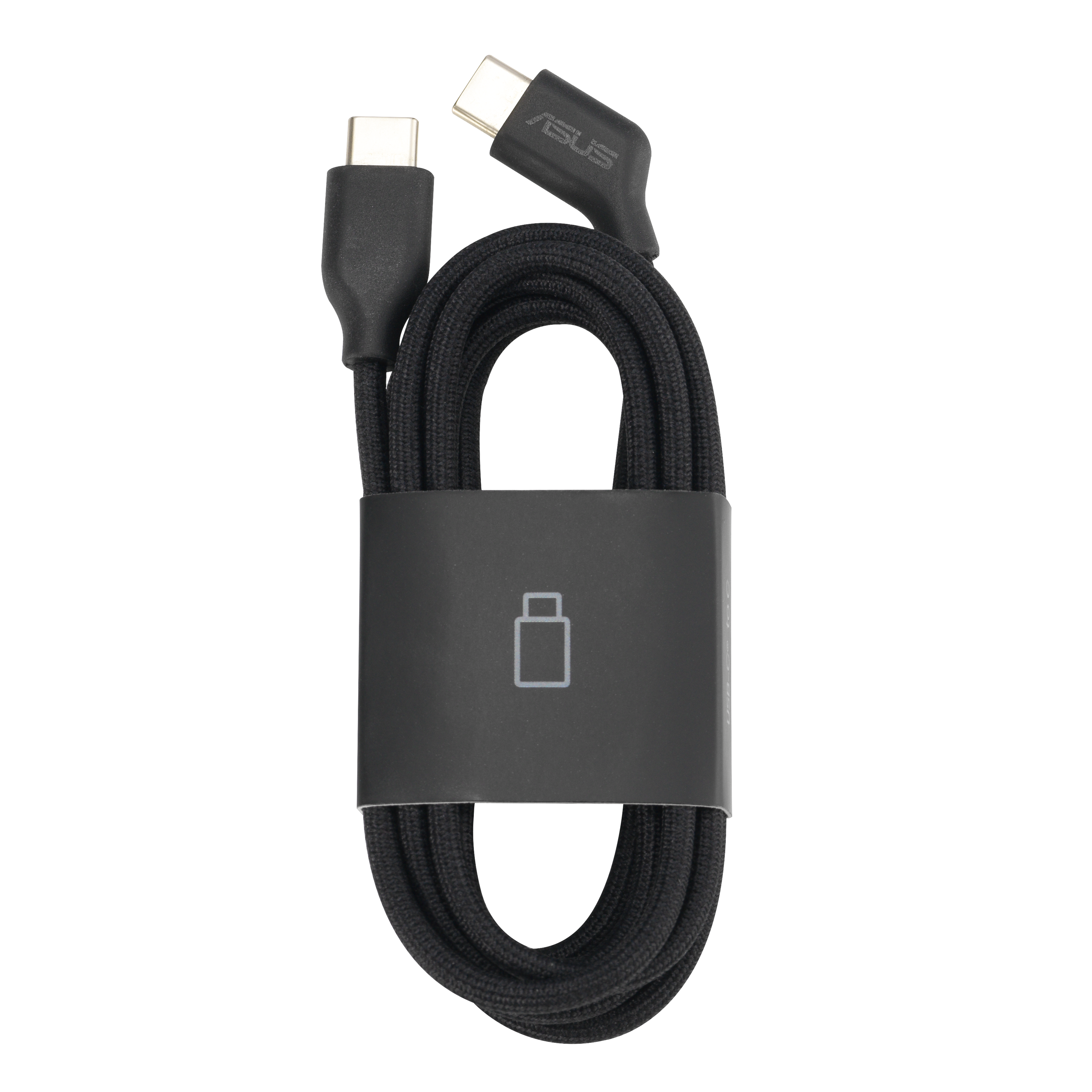 Schwarzes USB-C-Kabel mit schwarzem Kabelbinder und schwarzem Hintergrund. Das Kabel ist mit 'ASUS' gekennzeichnet.